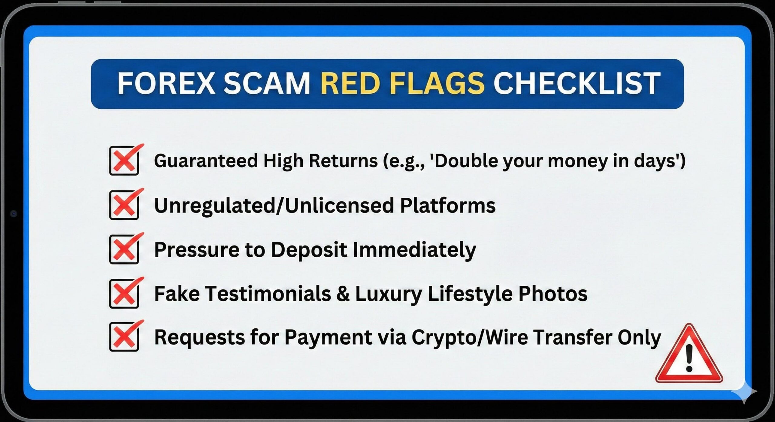 Checklist of forex scam red flags including fake promises and unregulated platforms