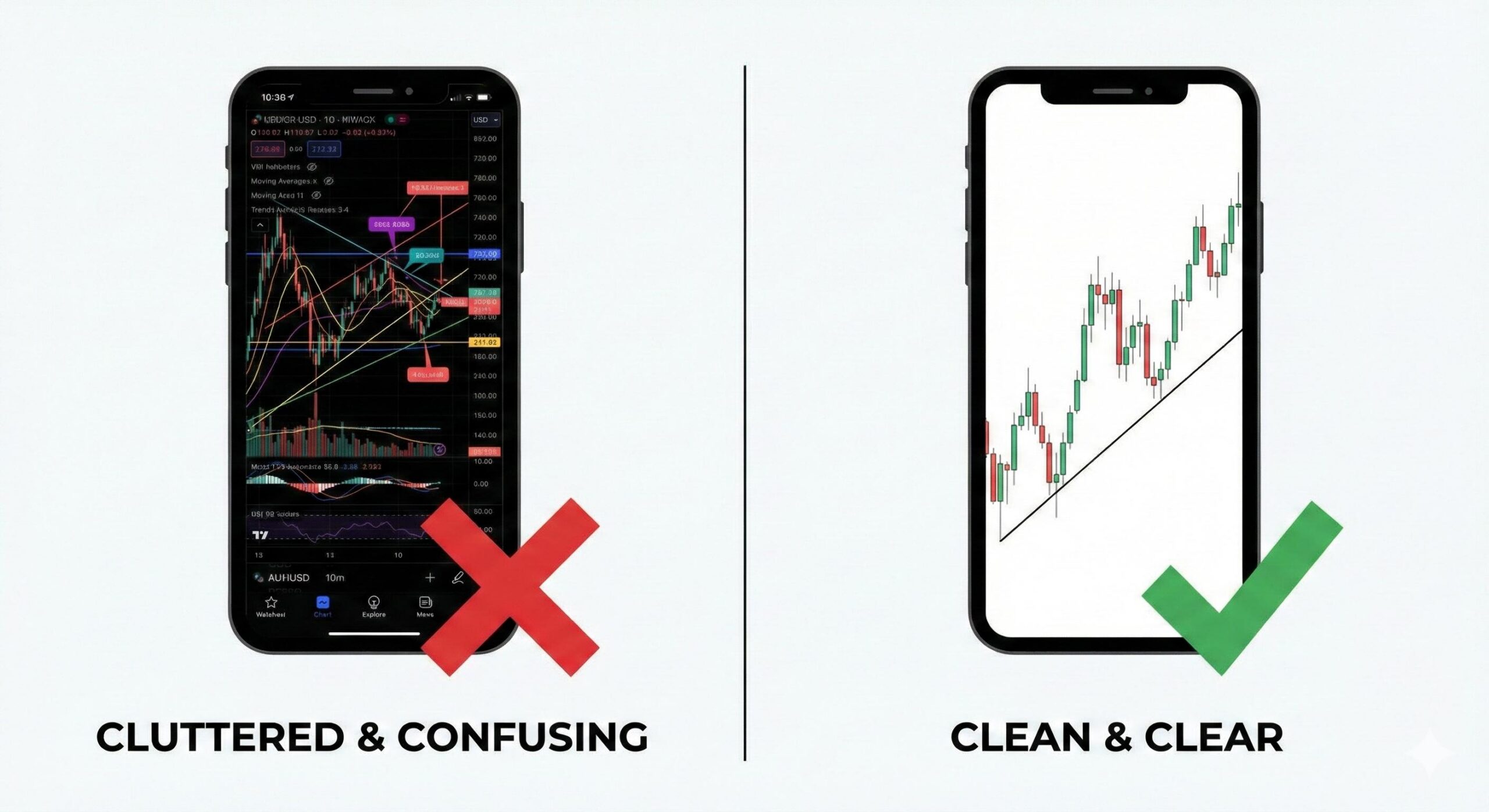 Comparison of bad cluttered forex chart vs clean professional chart.