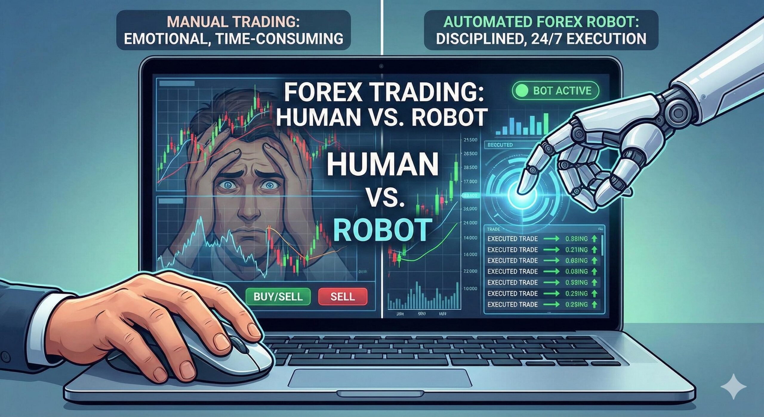 Comparison of human manual trading versus automated forex robot software on laptop screen