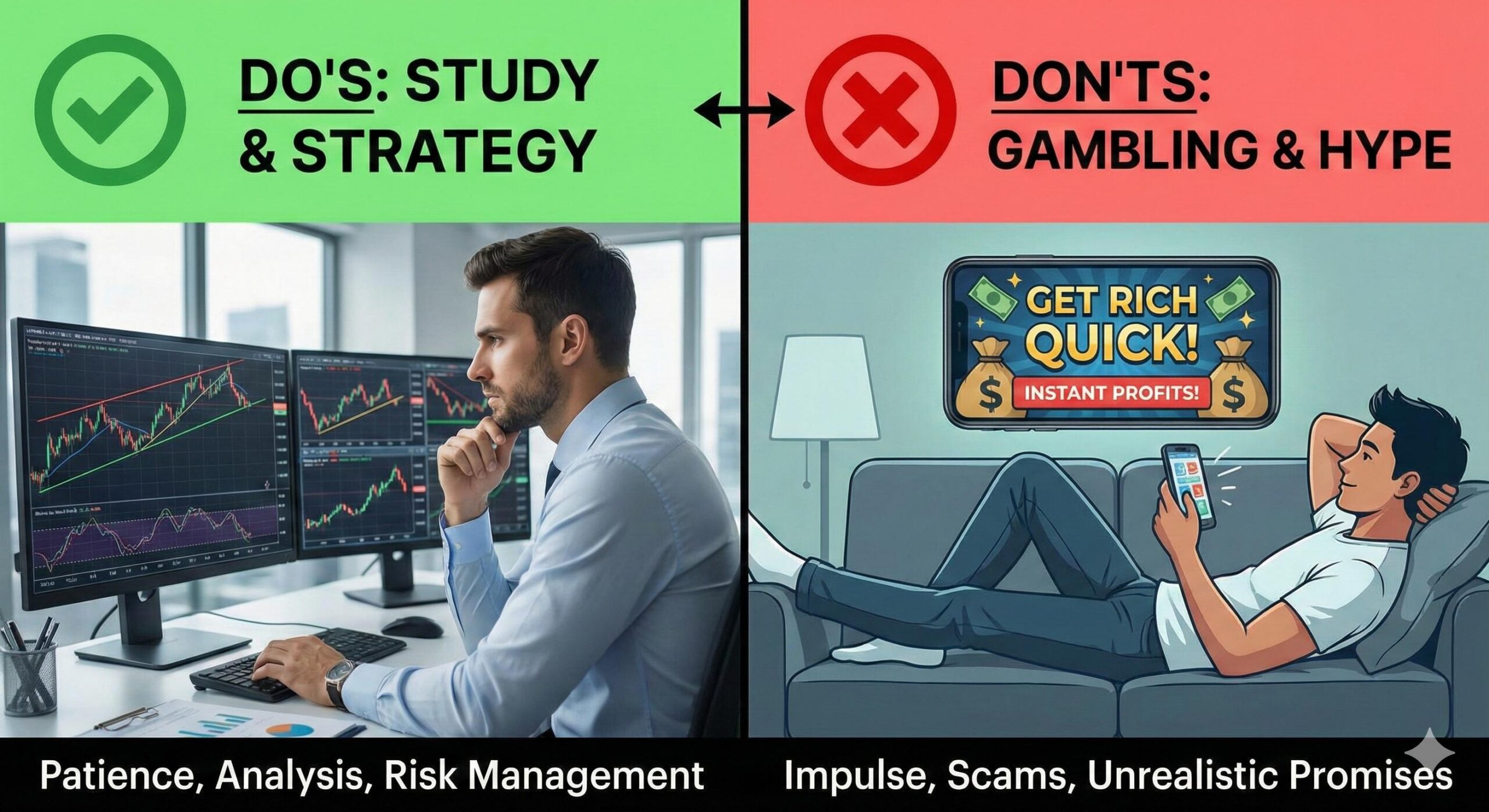 Comparison of proper forex study vs get-rich-quick mistakes.