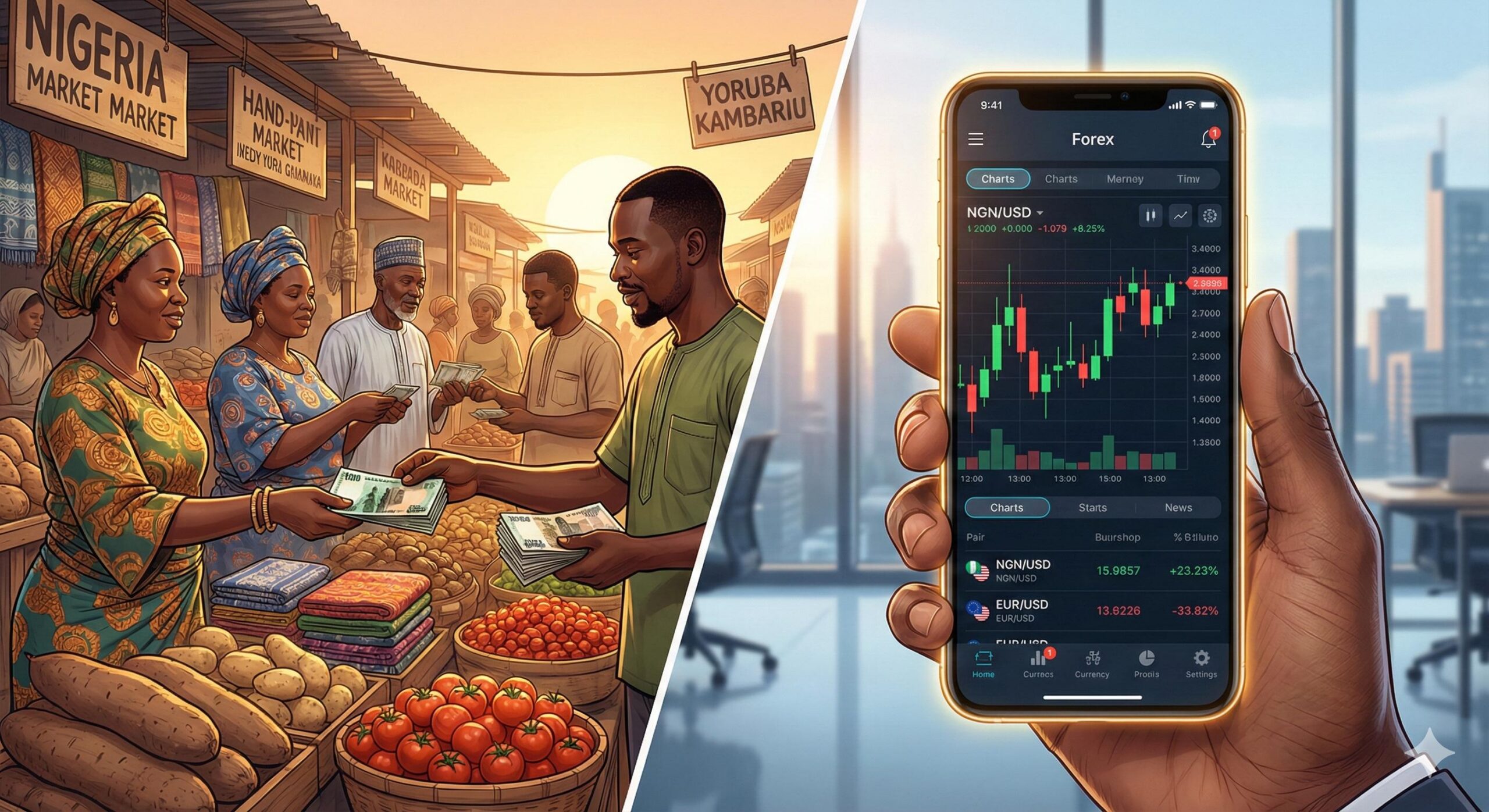 Comparison of traditional Nigerian market and digital forex trading on a smartphone.