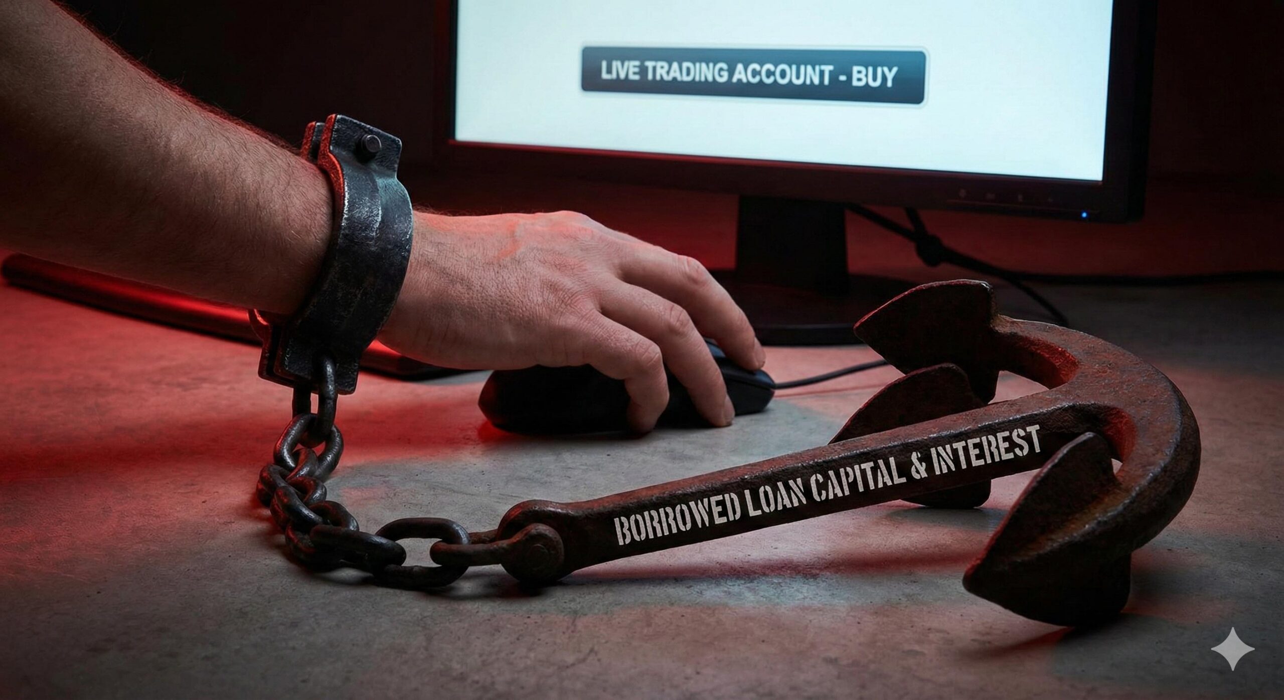 Conceptual image showing a trader shackled by borrowed capital, warning against trading with loans.