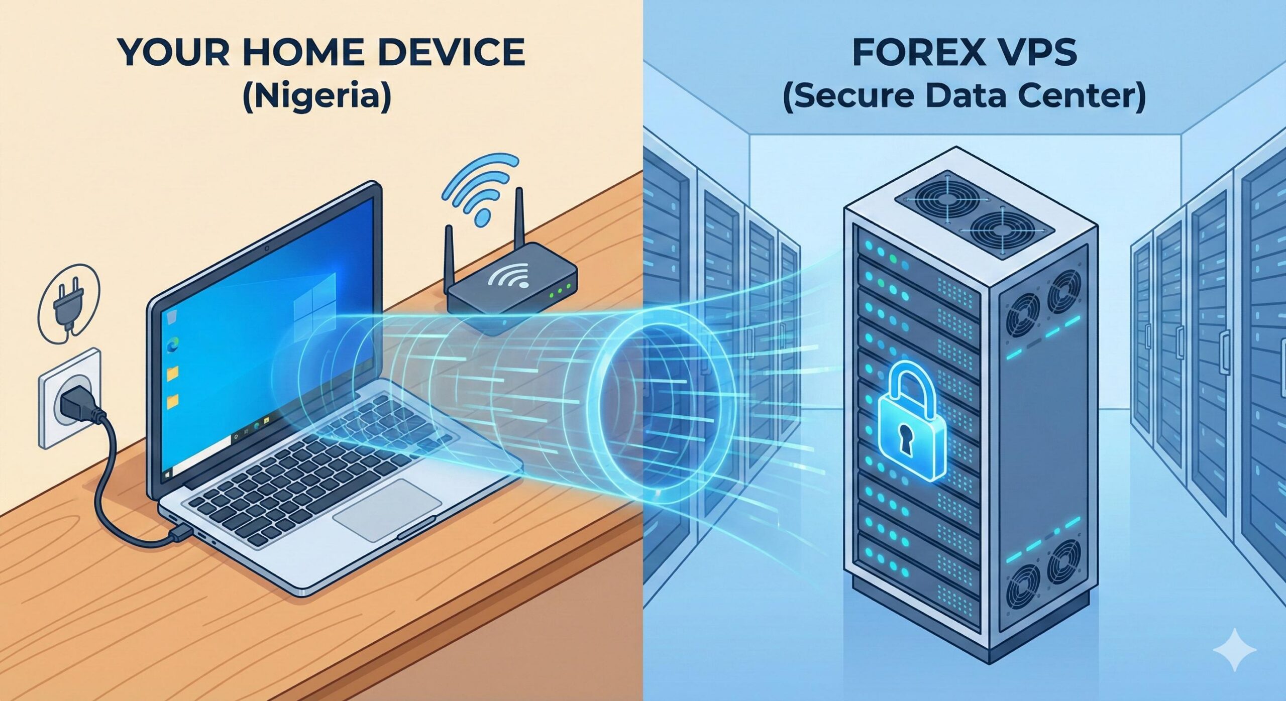 Diagram illustrating a home laptop connected remotely to a secure Forex VPS server located in a data center.