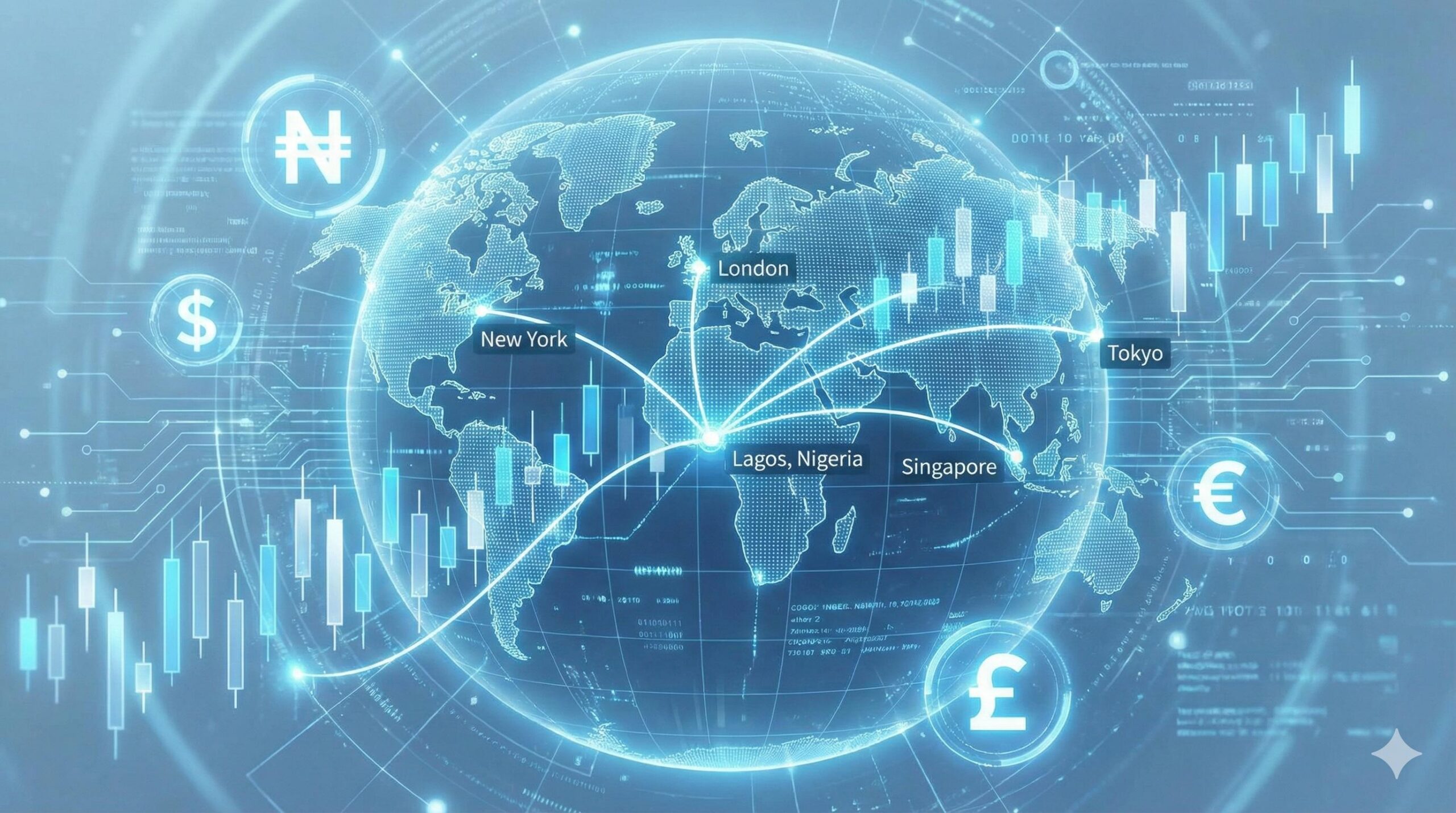Digital illustration of the global foreign exchange market network connecting international financial hubs to Nigeria