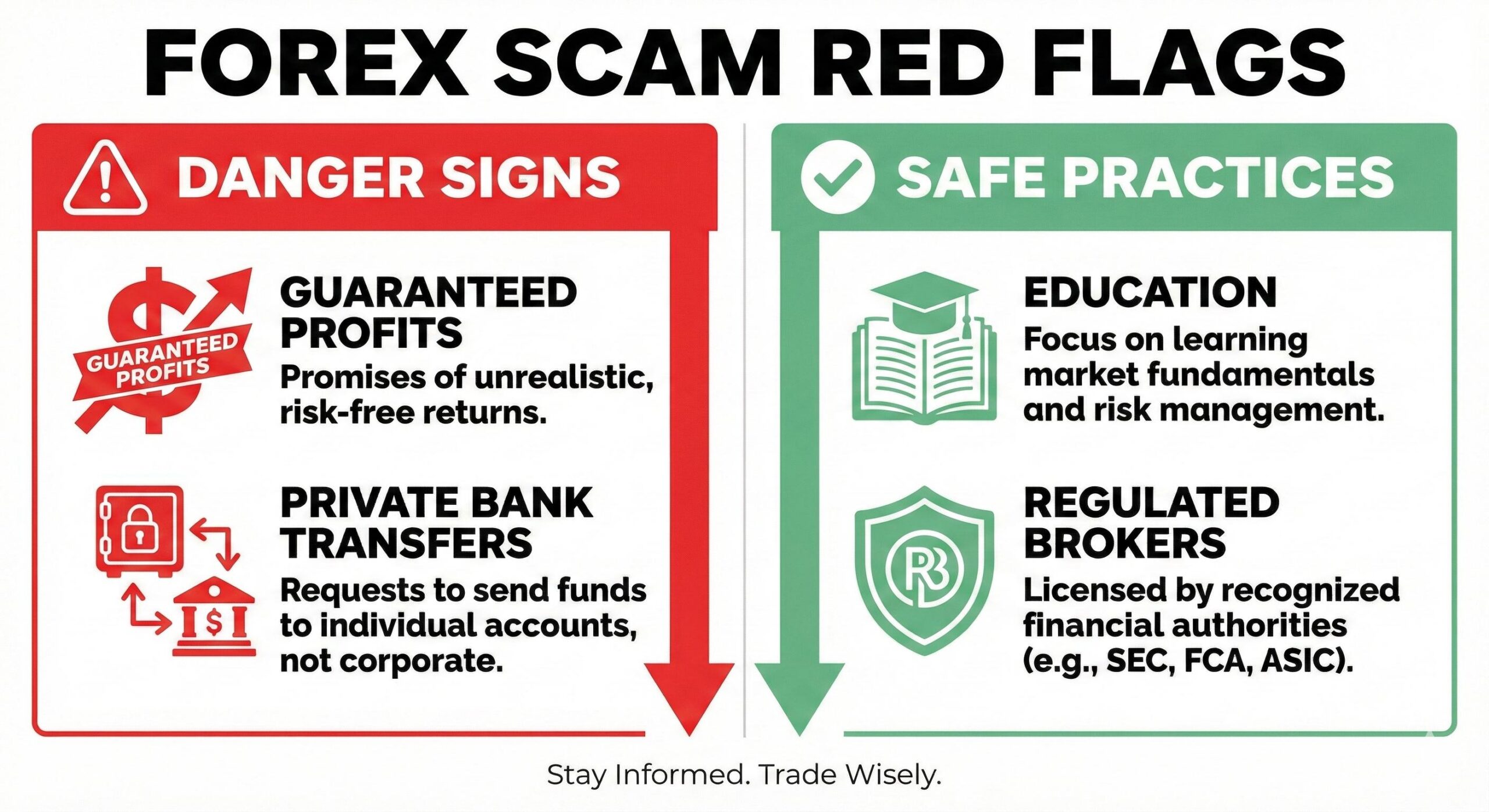Educational checklist infographic contrasting common forex scam red flags with safe, responsible learning practices for beginners.