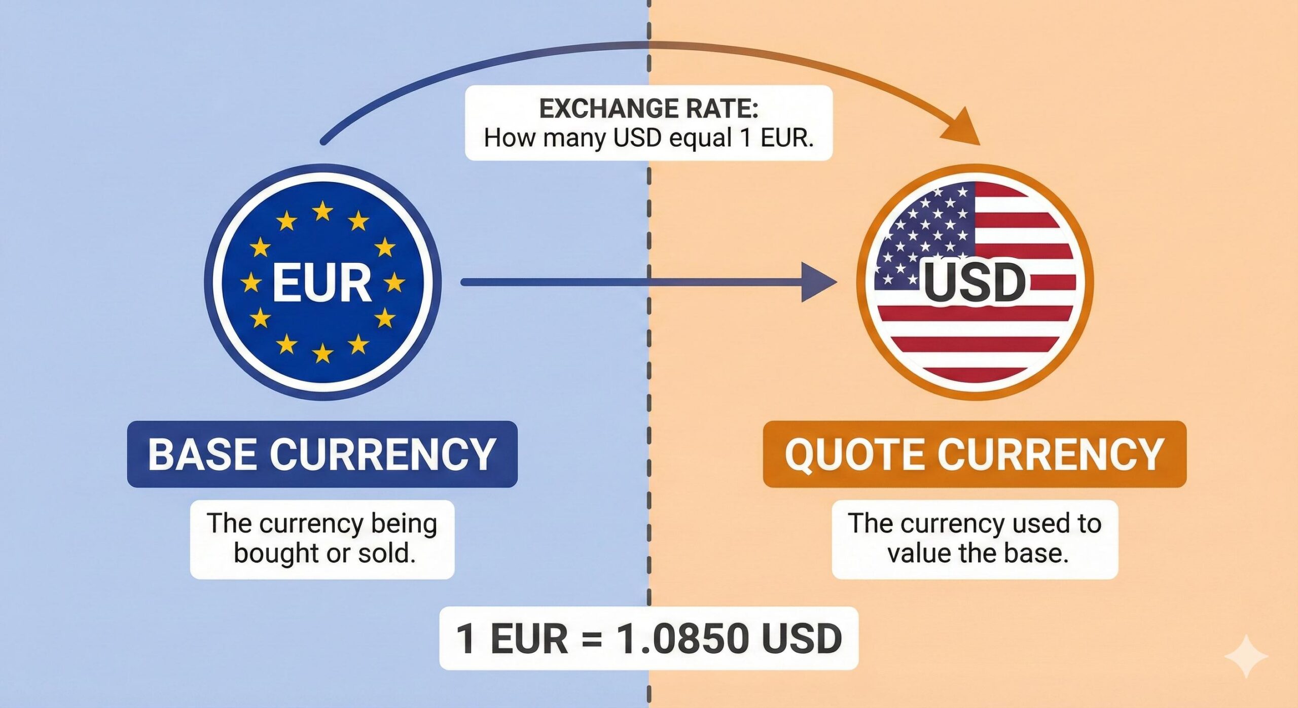 Educational diagram explaining a forex currency pair structure using GBP_USD, clearly labeling GBP as the Base Currency and USD as the Quote Currency indicating the exchange rate price.