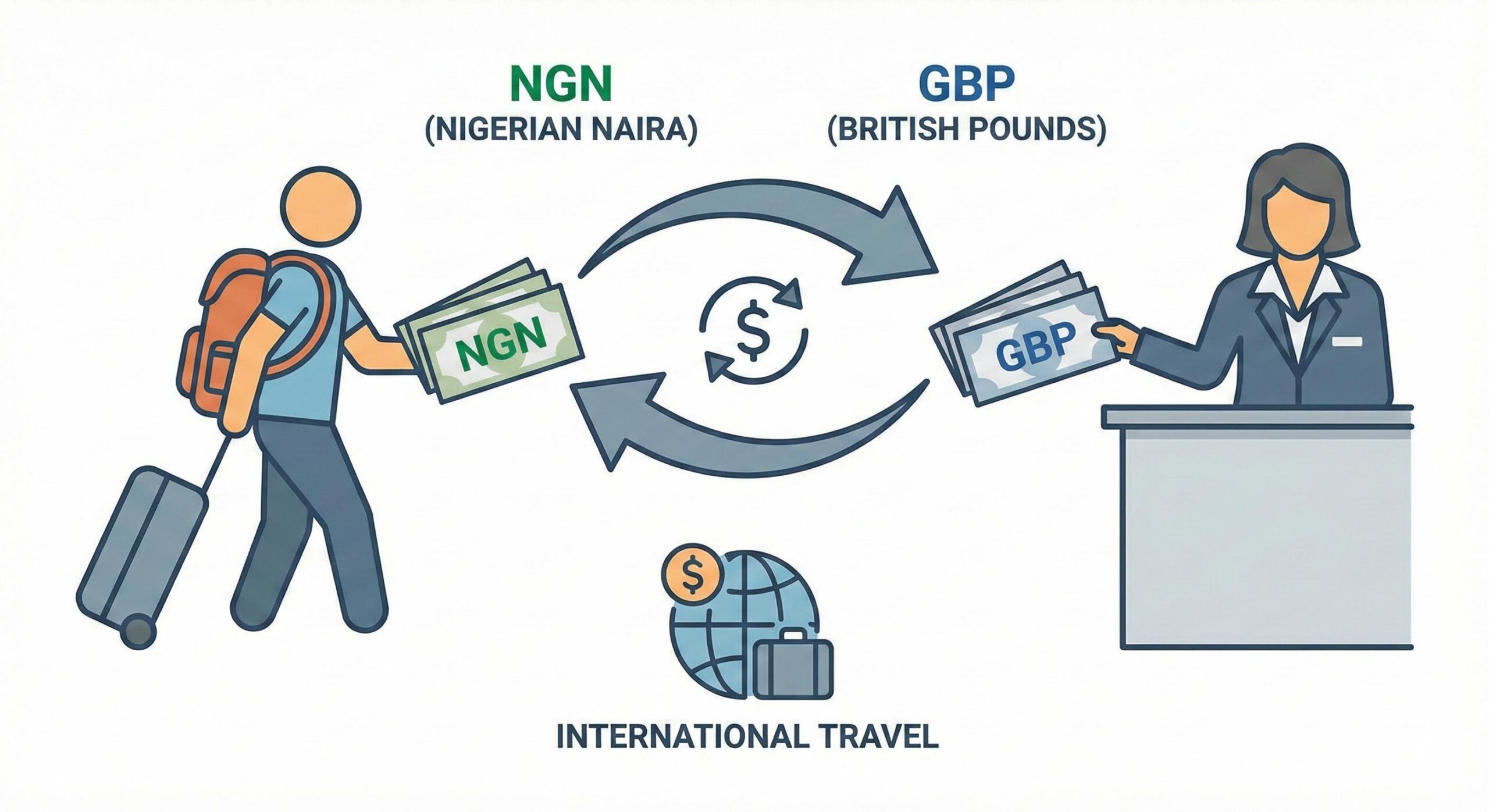 Educational illustration showing the process of exchanging Nigerian Naira (NGN) currency for British Pounds (GBP) for travel purposes, demonstrating the basic concept of forex.