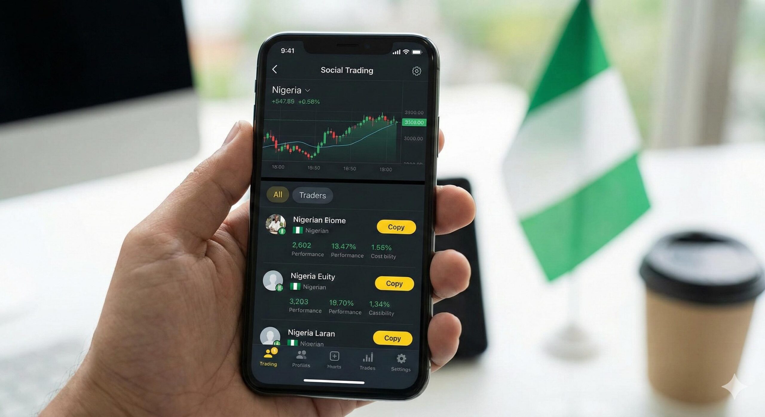Exness social trading app interface on smartphone for Nigerian traders