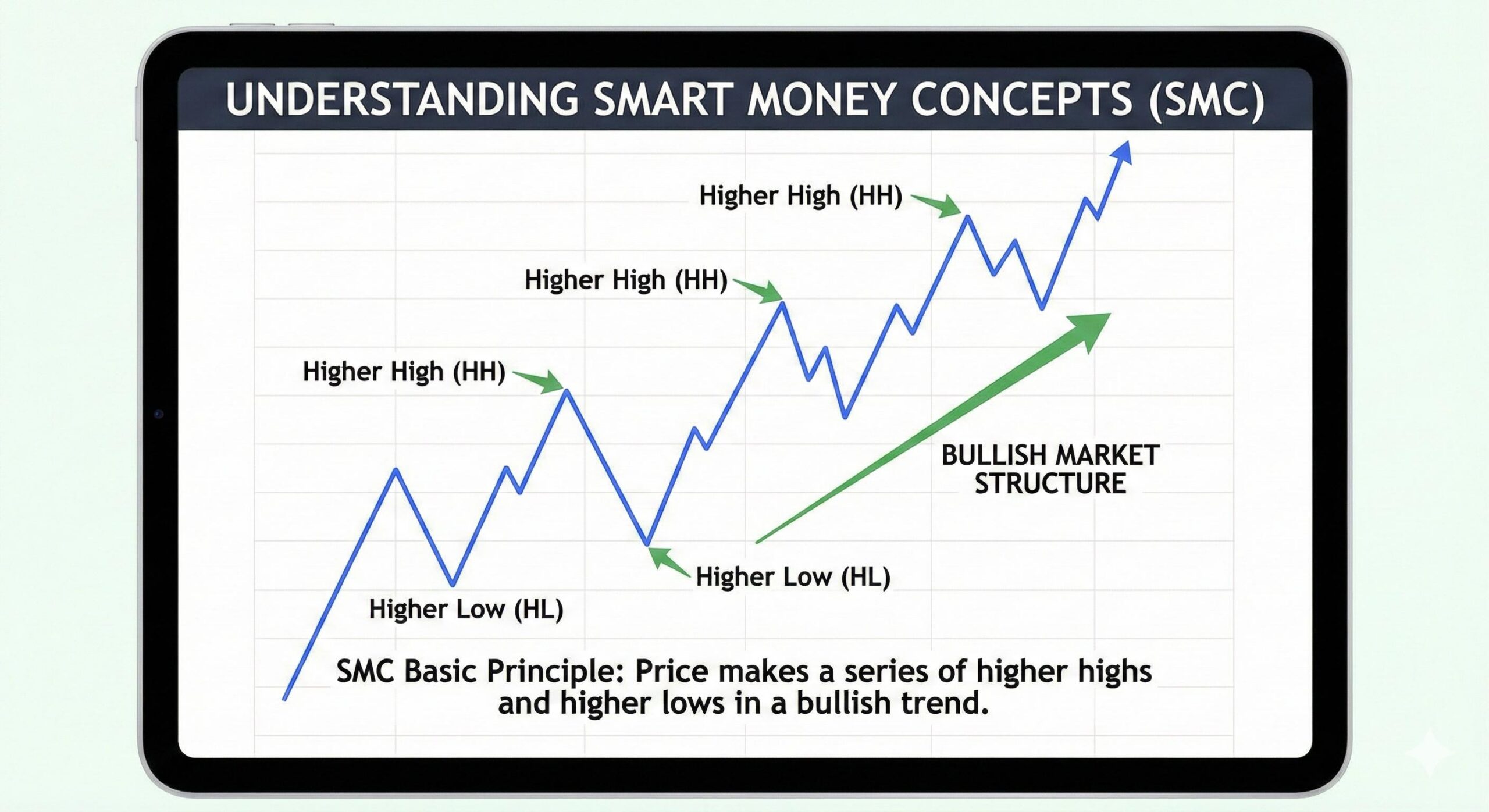 Forex chart illustrating bullish market structure and higher highs for SMC beginners