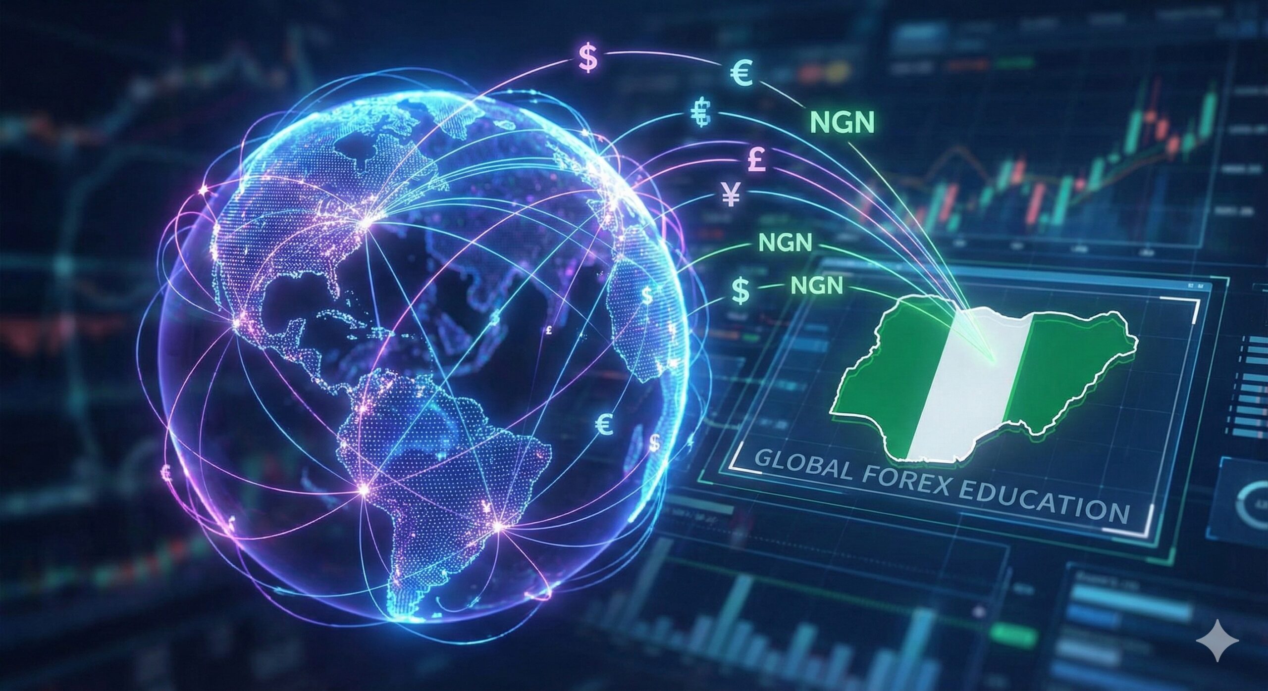Globe with currency symbols connecting to a map of Nigeria for forex education.