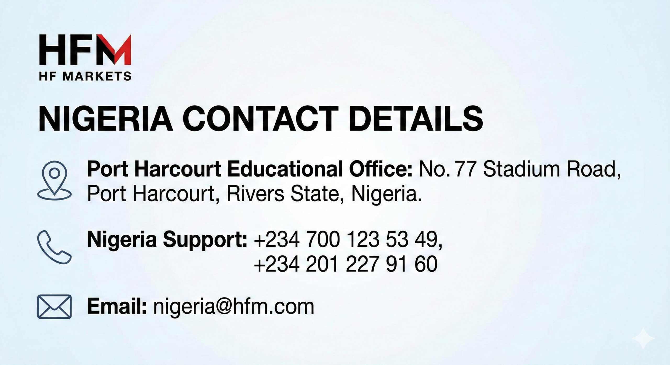 HFM Nigeria contact details and Port Harcourt office address card