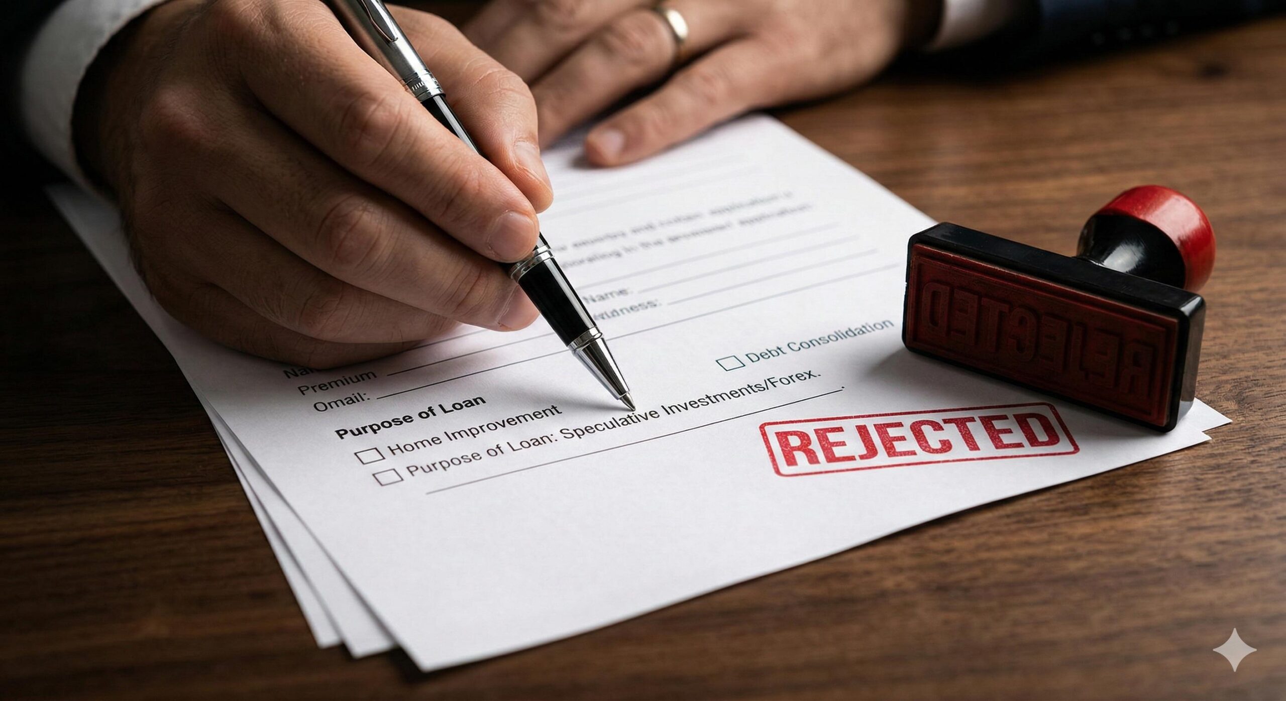 Hand filling out a loan application for forex trading next to a rejected stamp.