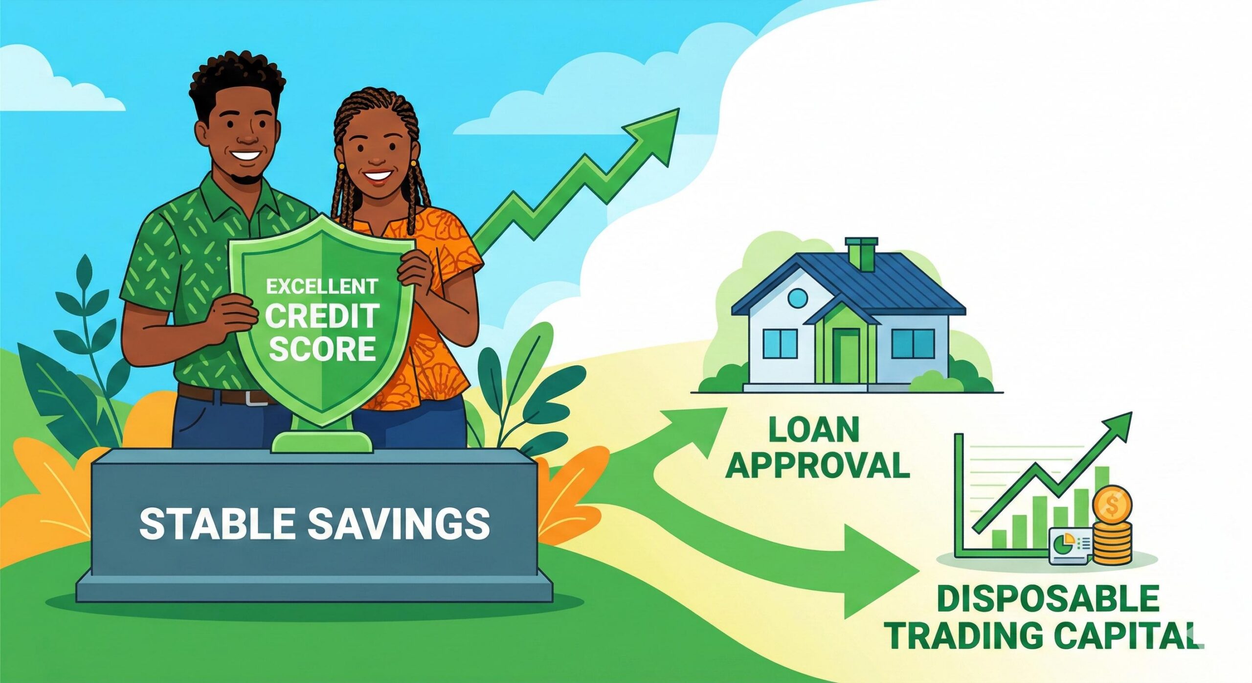 Happy Nigerian couple celebrating their excellent credit score and sound financial foundation.