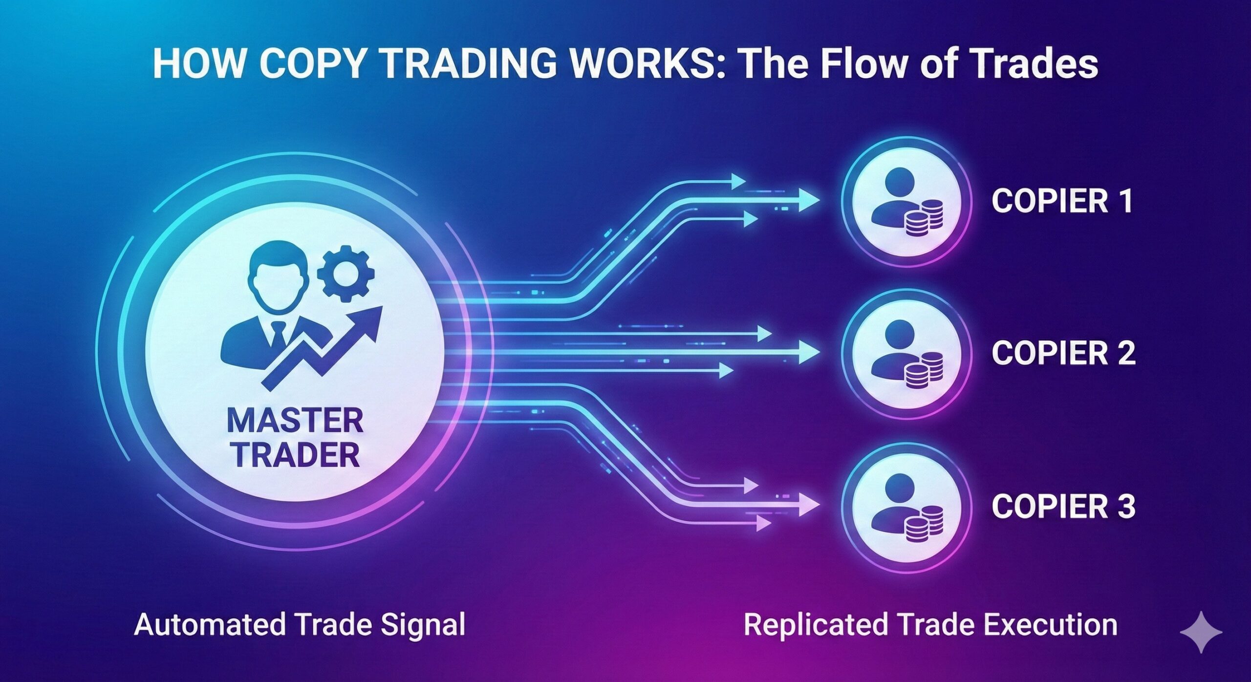 How copy trading works diagram showing master and follower accounts