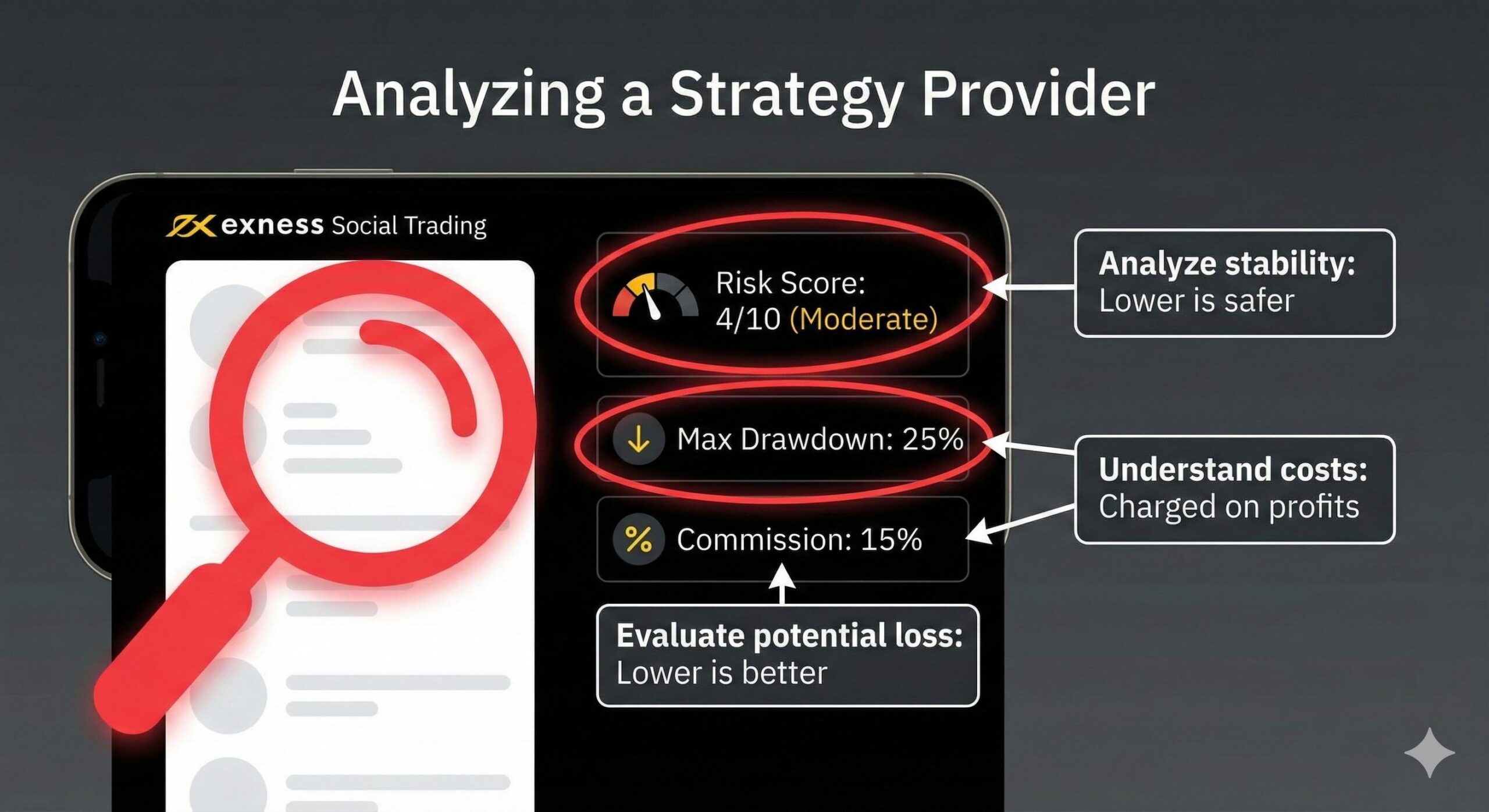 How to analyze risk score and drawdown on Exness social trading app