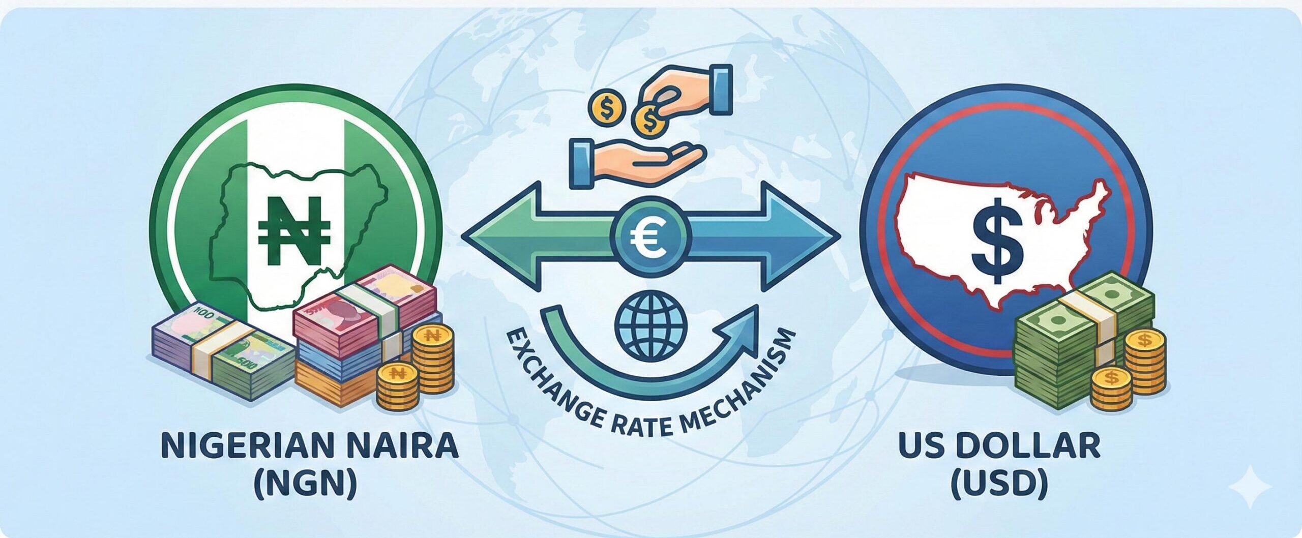 Illustration of Nigerian Naira and US Dollar currency exchange concept