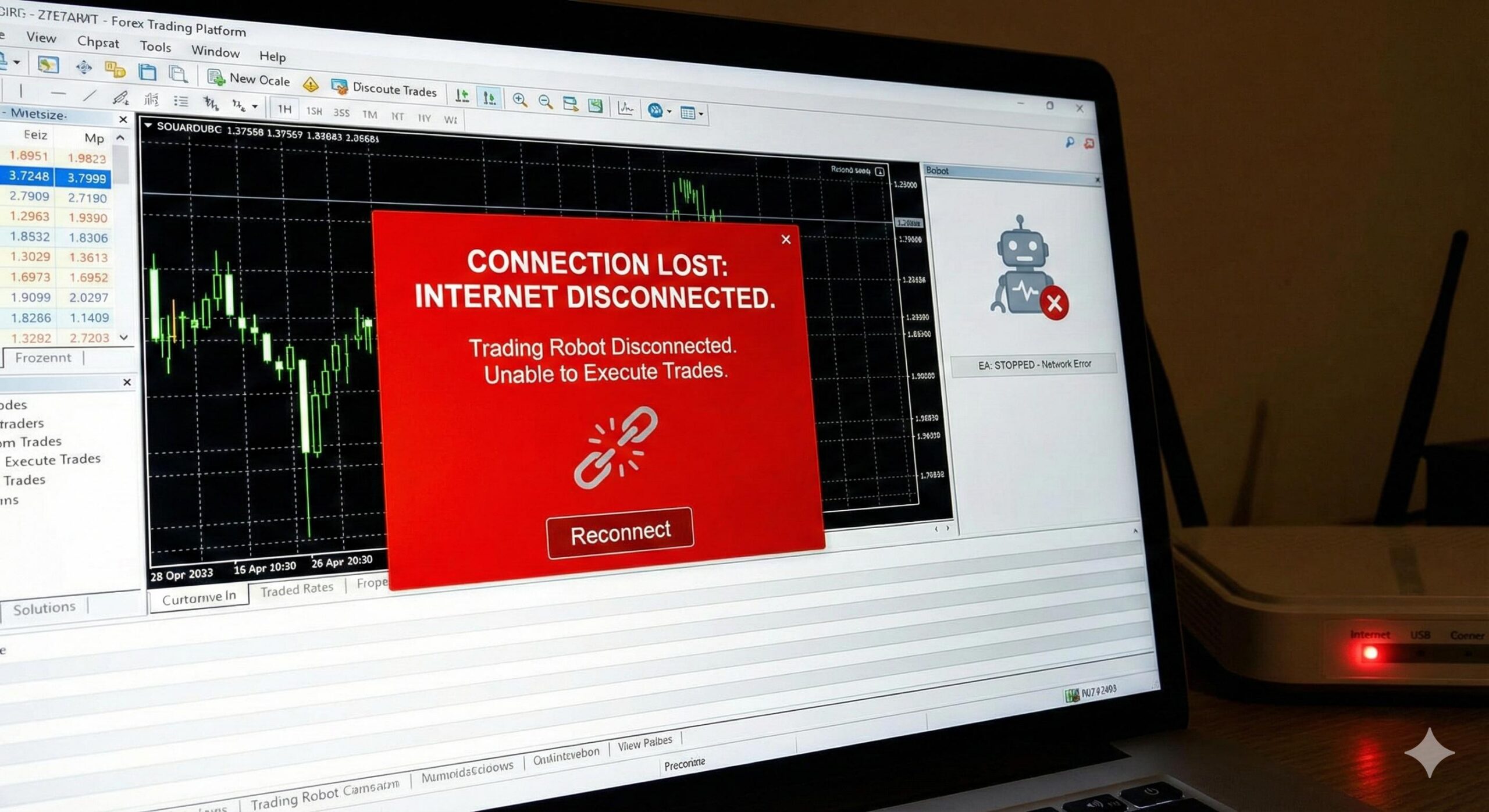 Illustration of internet disconnection error affecting automated trading platform