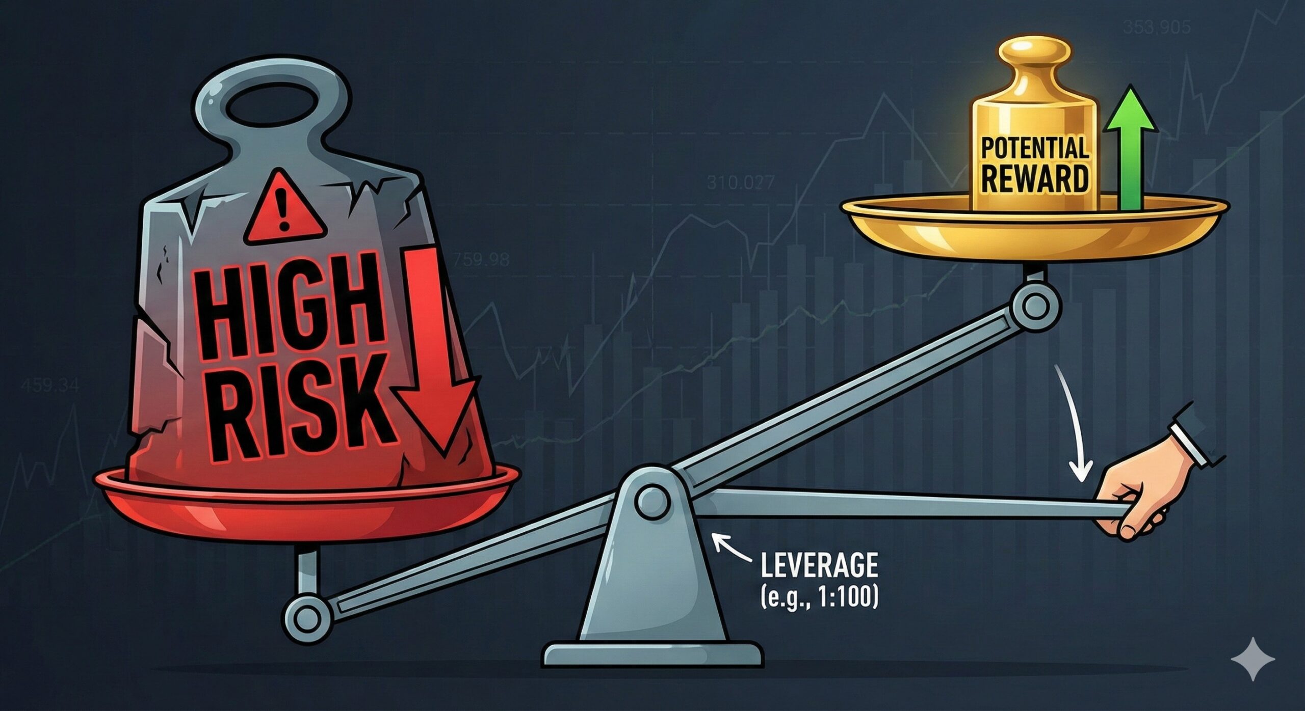 Illustration of leverage as a balance scale showing high risk versus potential reward.