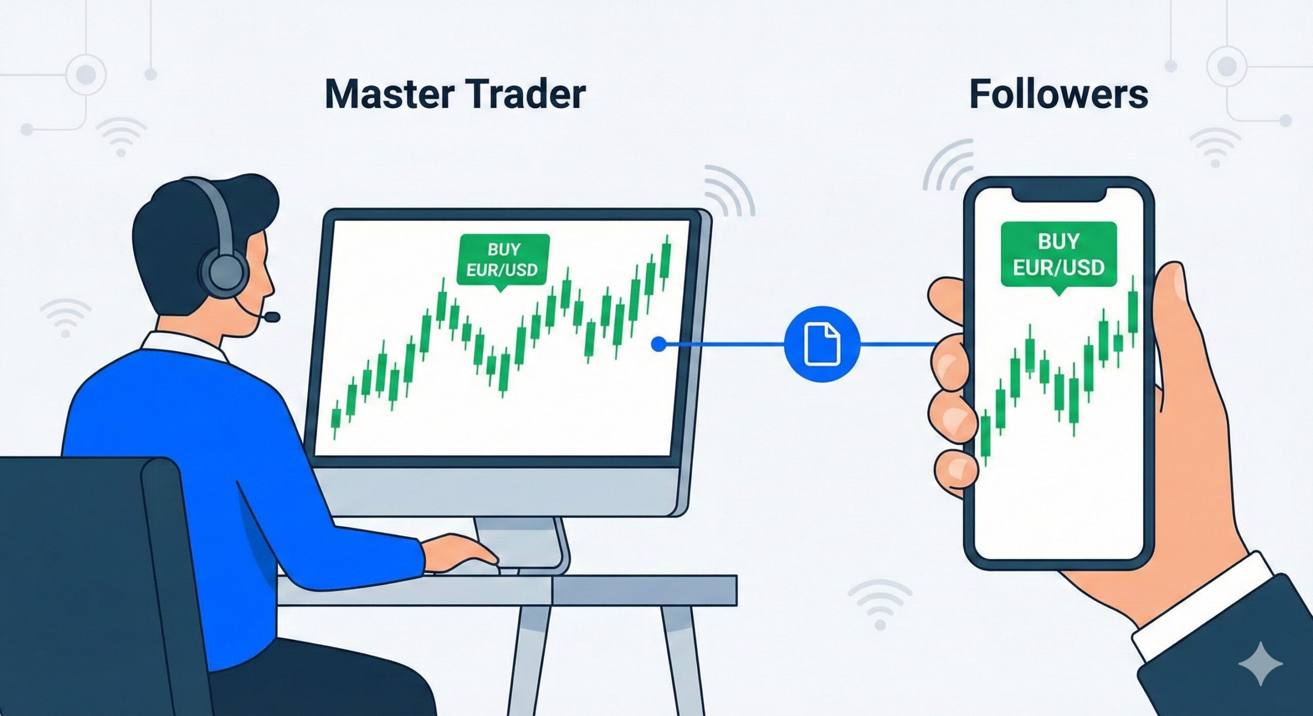 Illustration showing a Master Trader's computer screen connecting to a Follower's mobile phone to mirror trades.