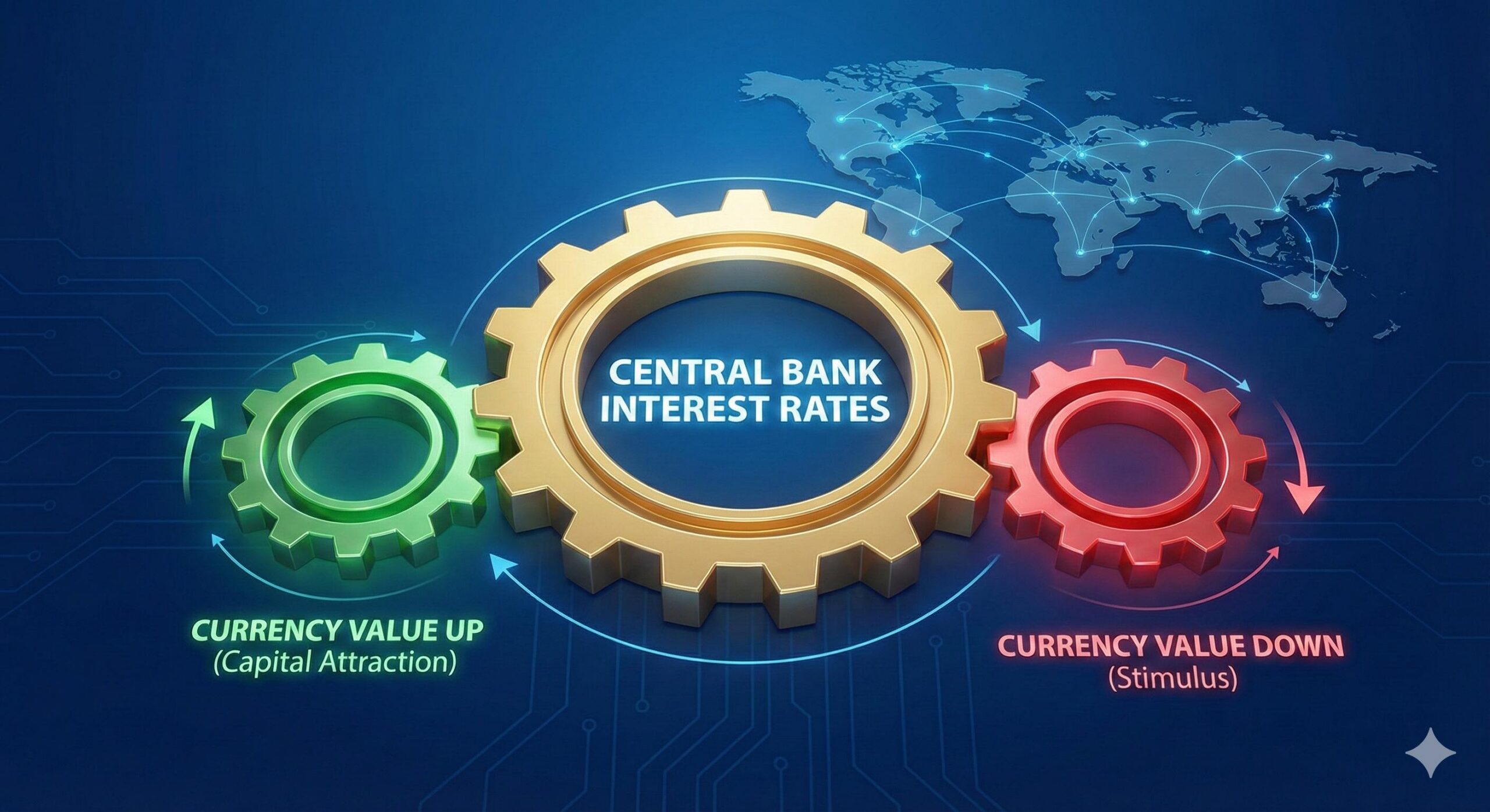 Illustration showing central bank interest rates driving currency values up and down.