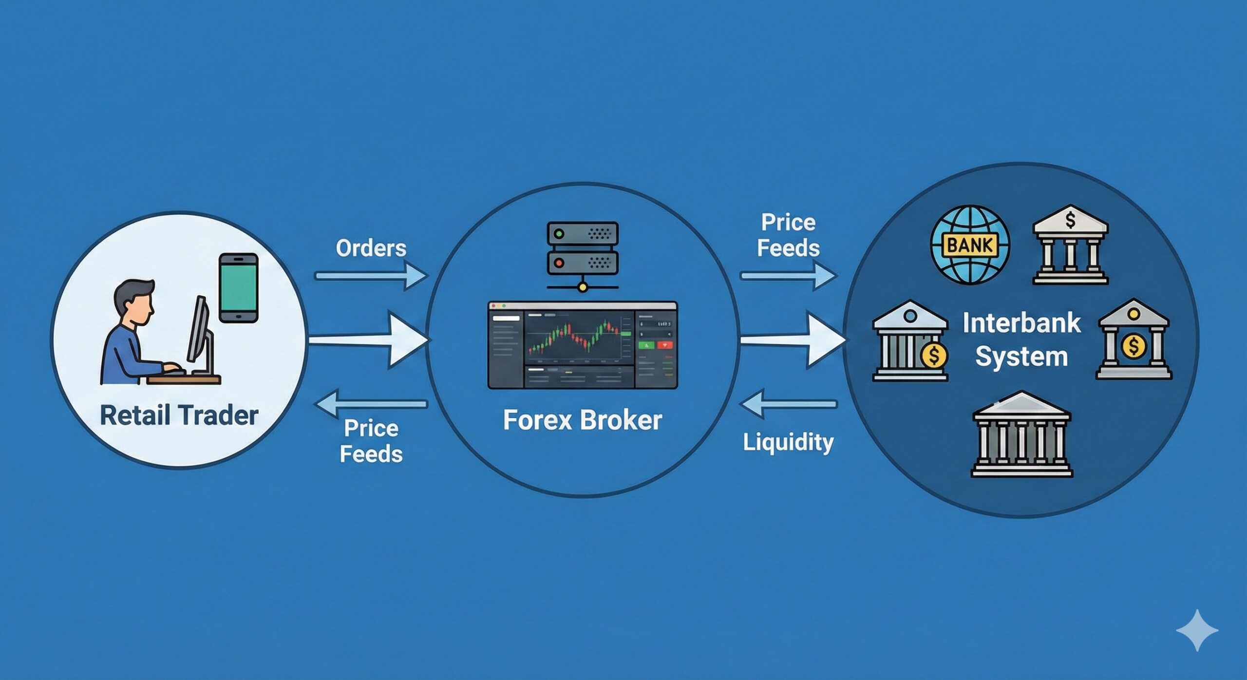 Illustration showing the structure of the forex market with retail traders, brokers, and the interbank system.