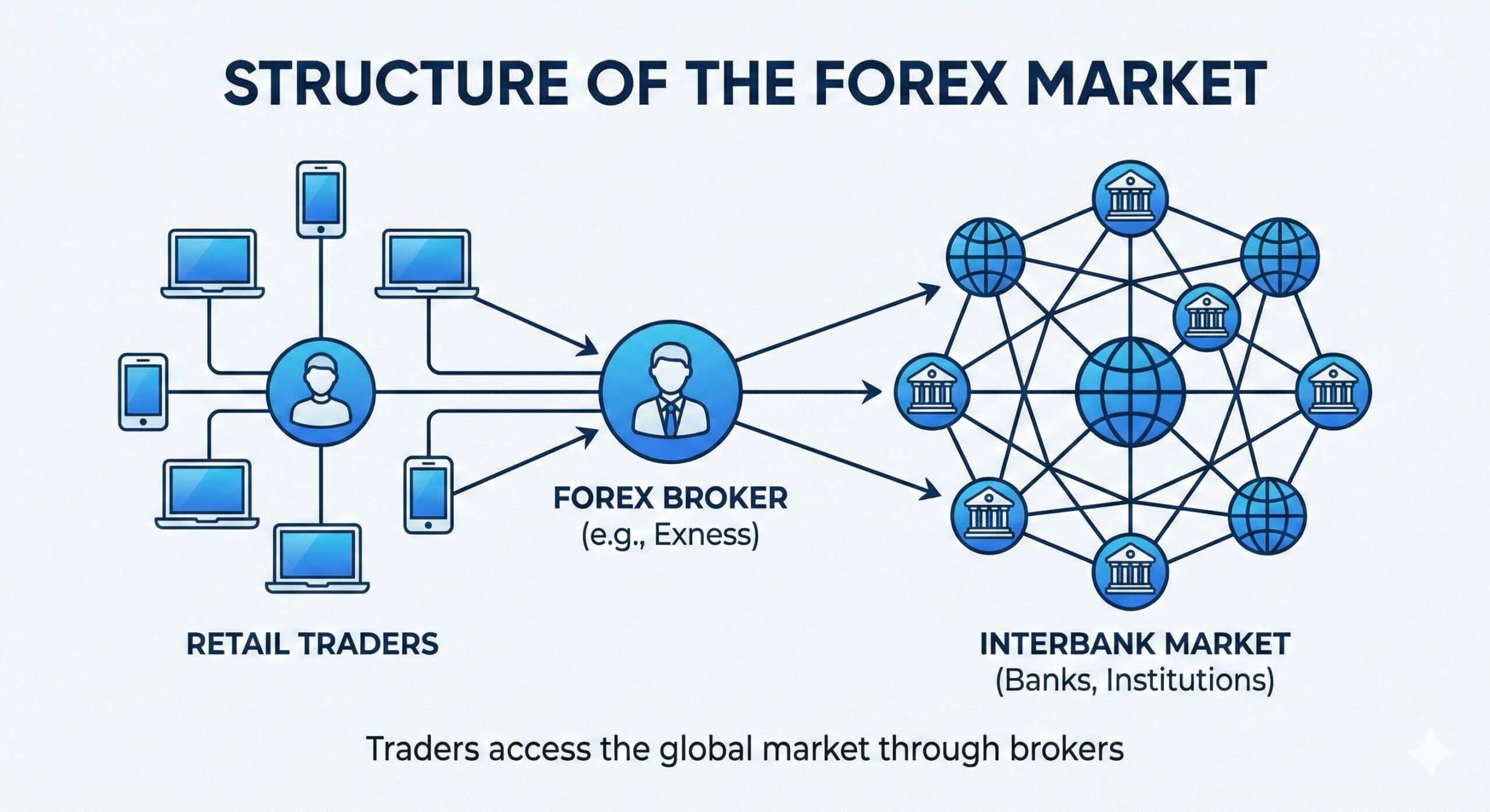 Illustration showing the structure of the forex market with retail traders, brokers, and the interbank system. 
