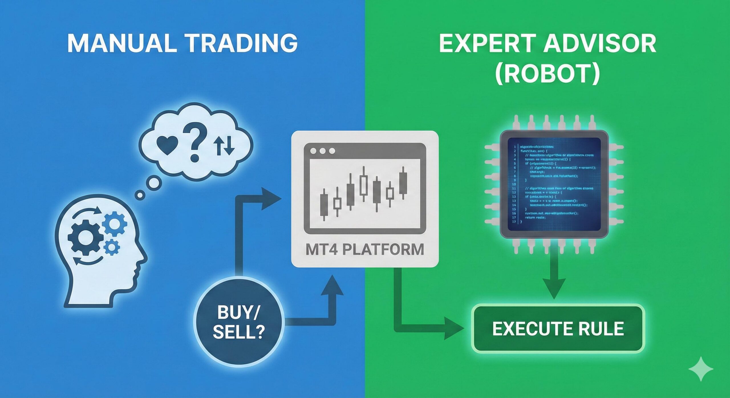 Infographic comparing manual trading decisions versus automated rules executed by a forex robot expert advisor on MT4.