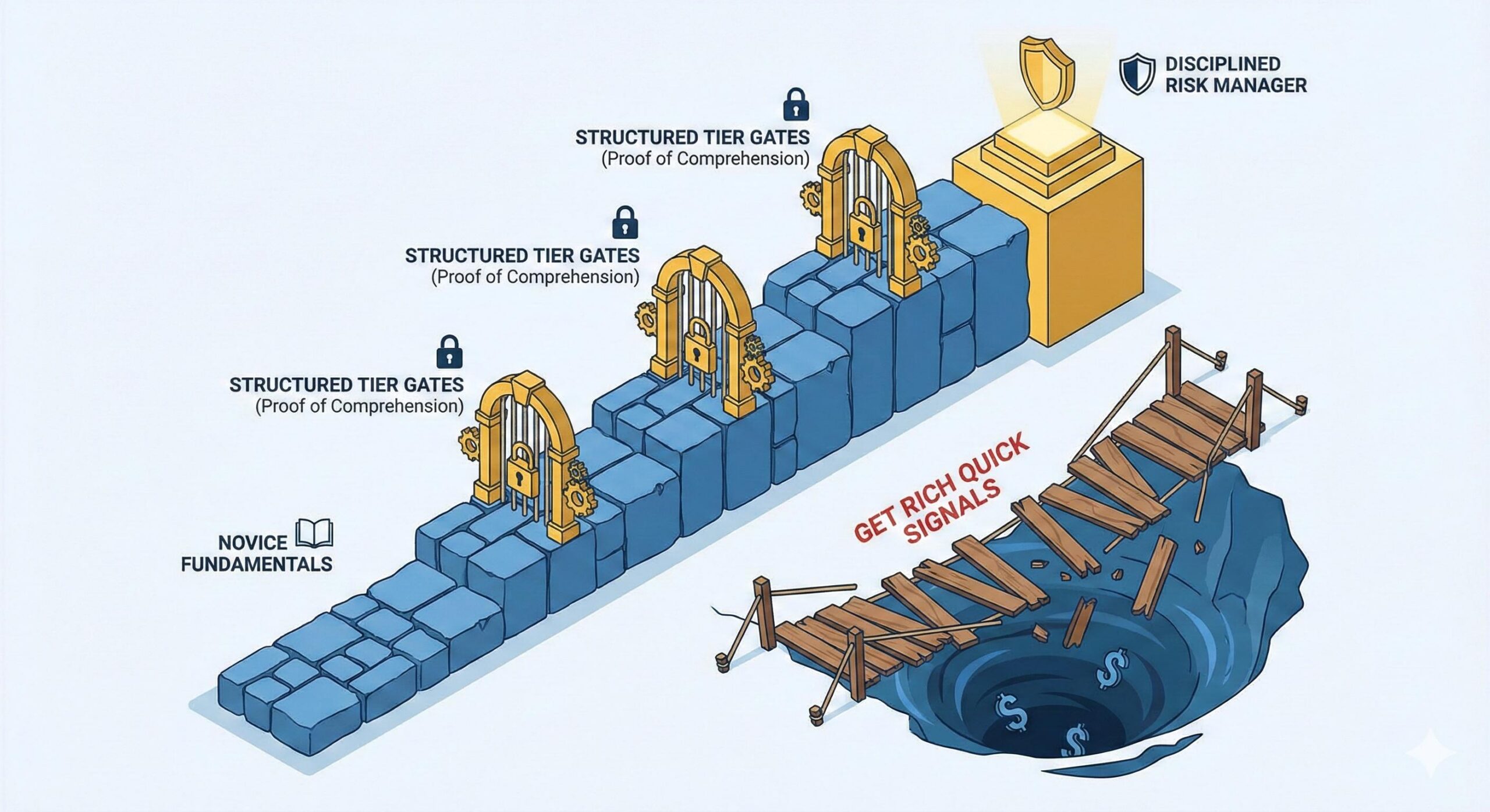 Infographic showing a structured educational path versus a risky shortcut in trading.
