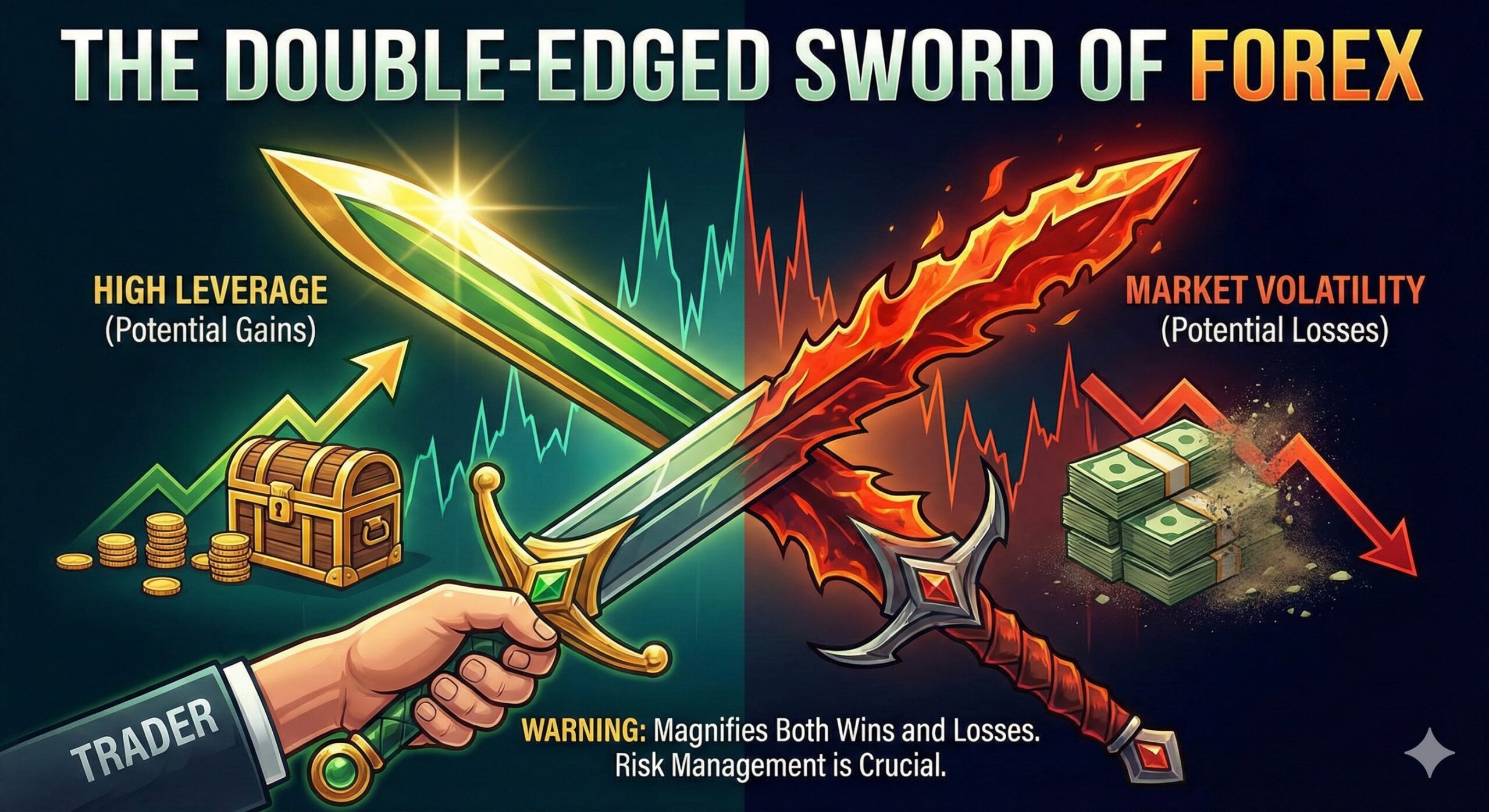 Infographic showing the double-edged sword of high leverage and market volatility in forex trading.