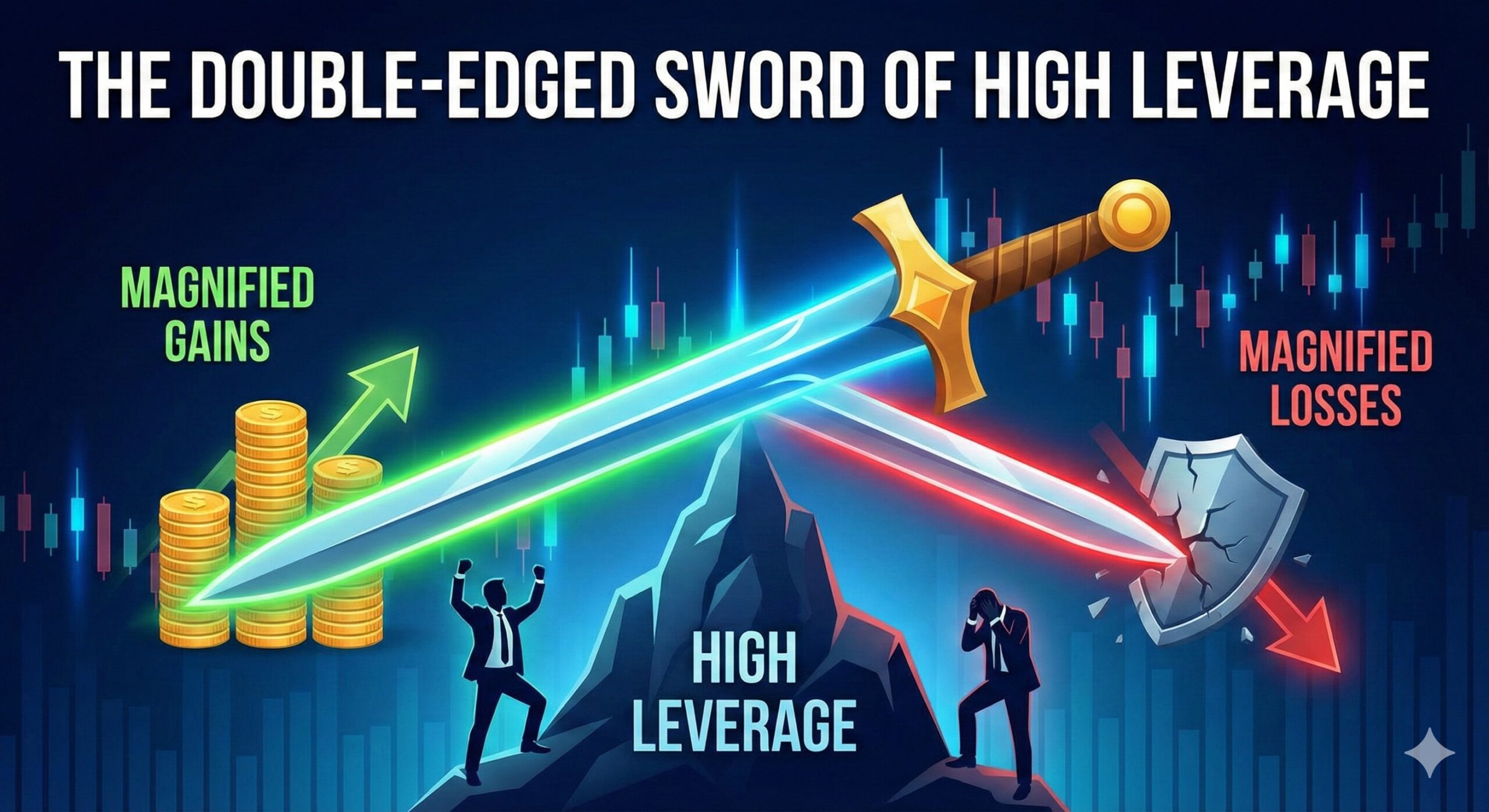 Infographic showing the double-edged sword of high leverage in forex trading.