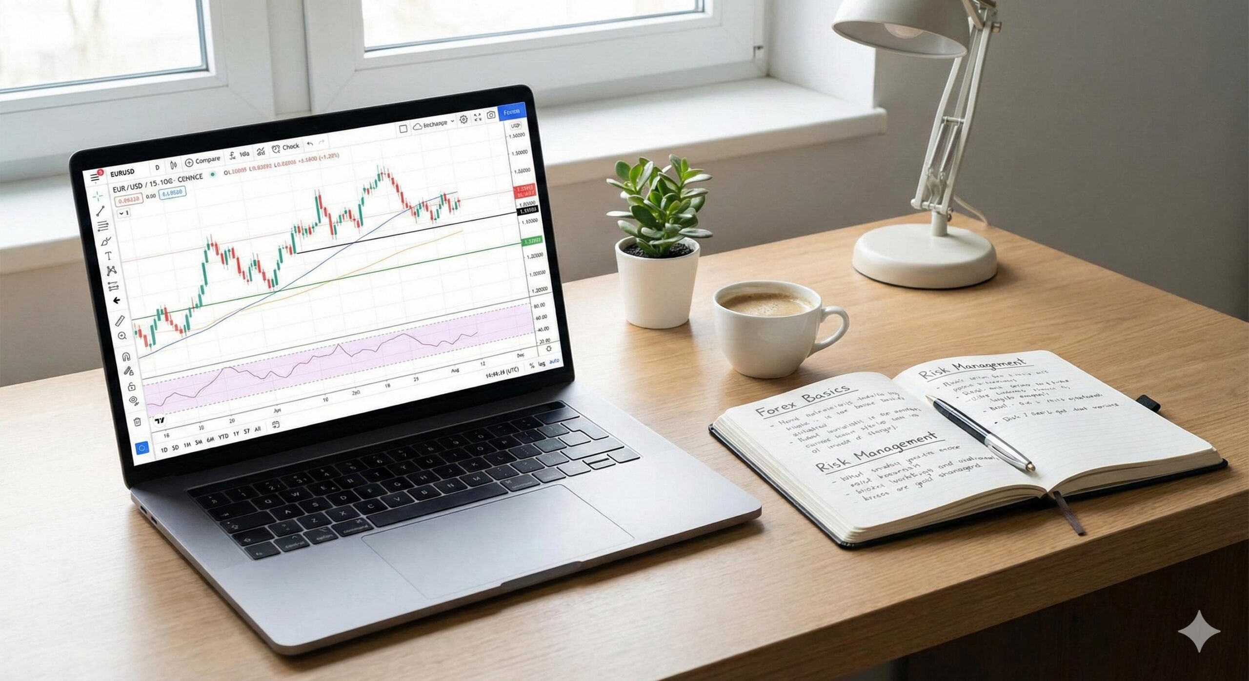 Laptop displaying forex chart and notebook for education