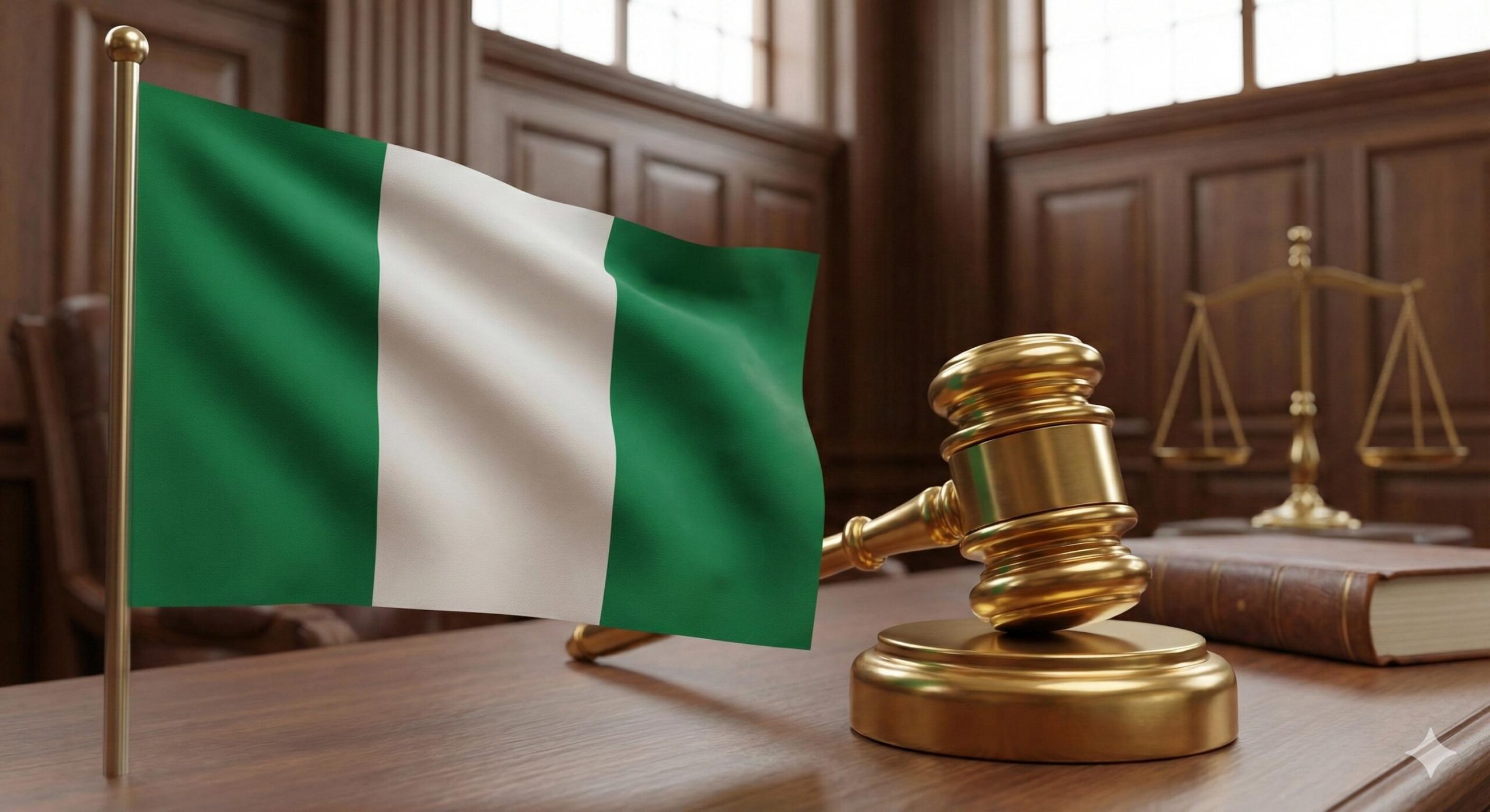 Nigerian flag and gavel symbolizing the legality of forex trading in Nigeria.