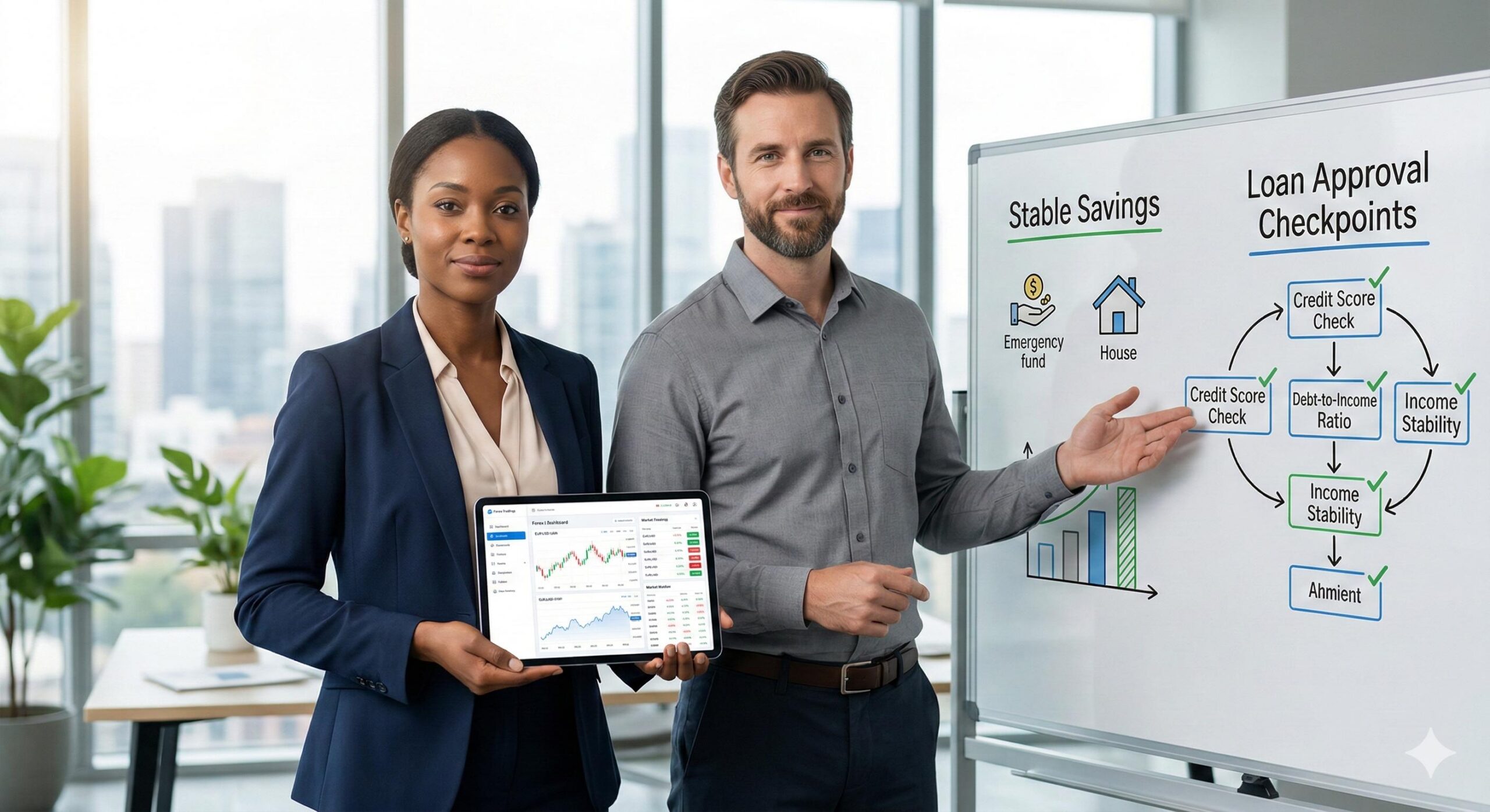 Professional financial guides balancing forex data and loan approval concepts.