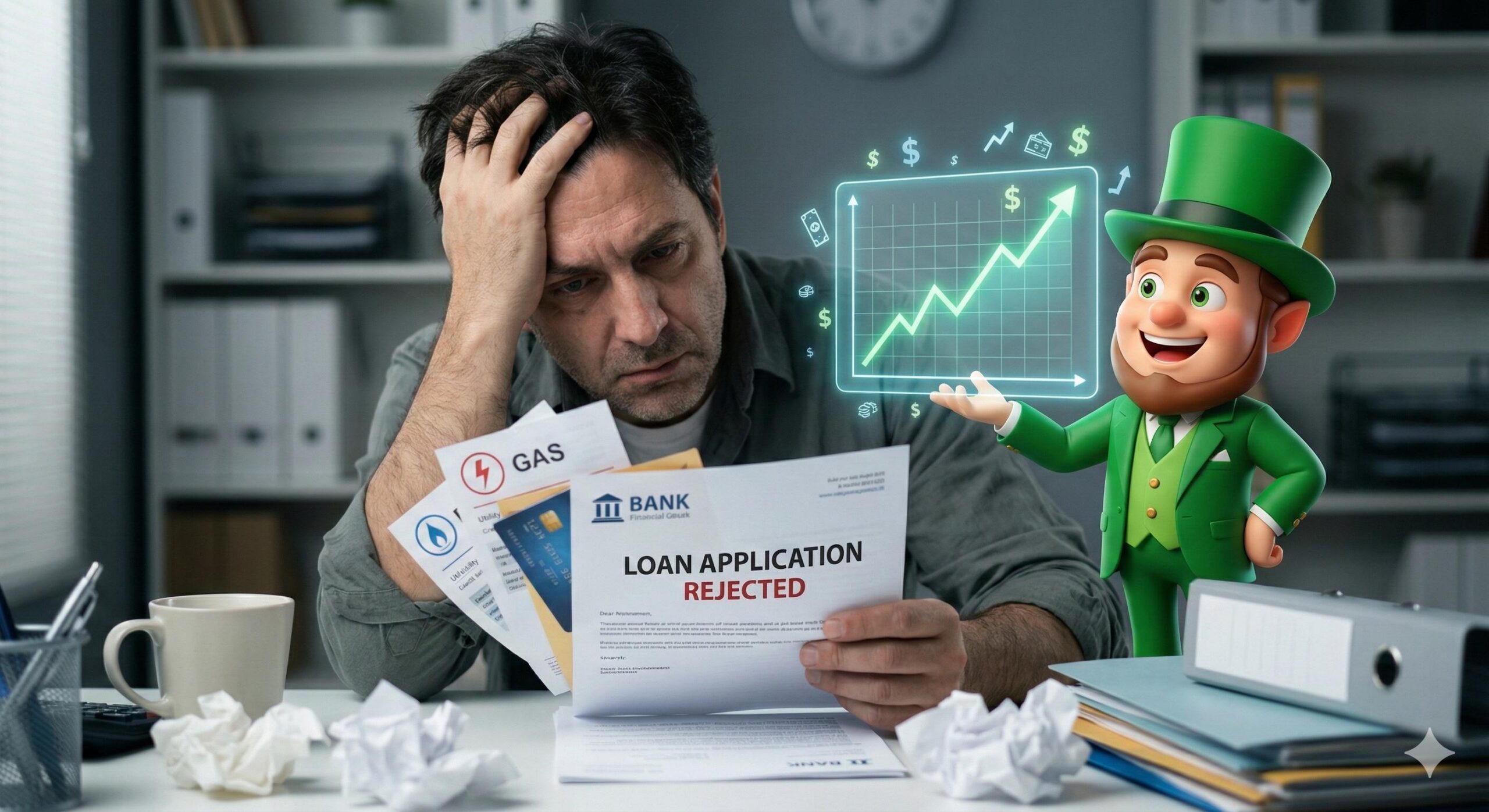 Real borrower looking at bills while a cartoon character shows a rising forex chart.