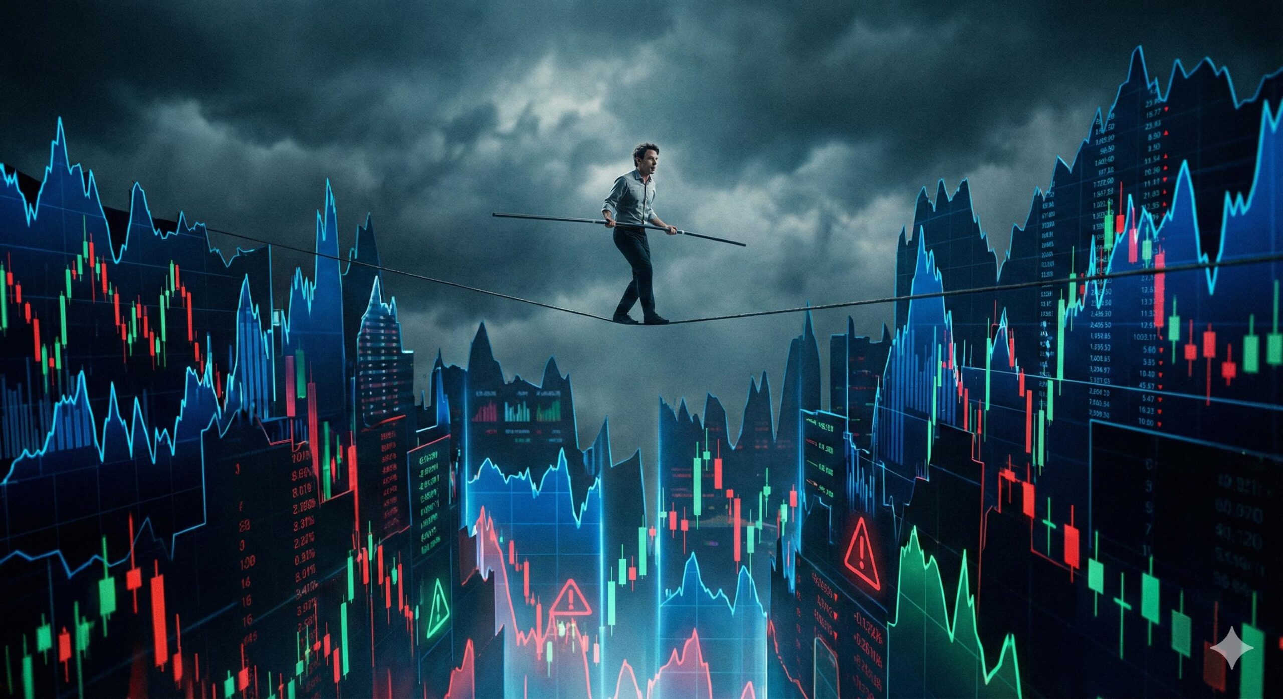 Risk in financial markets illustration showing a tightrope walker.