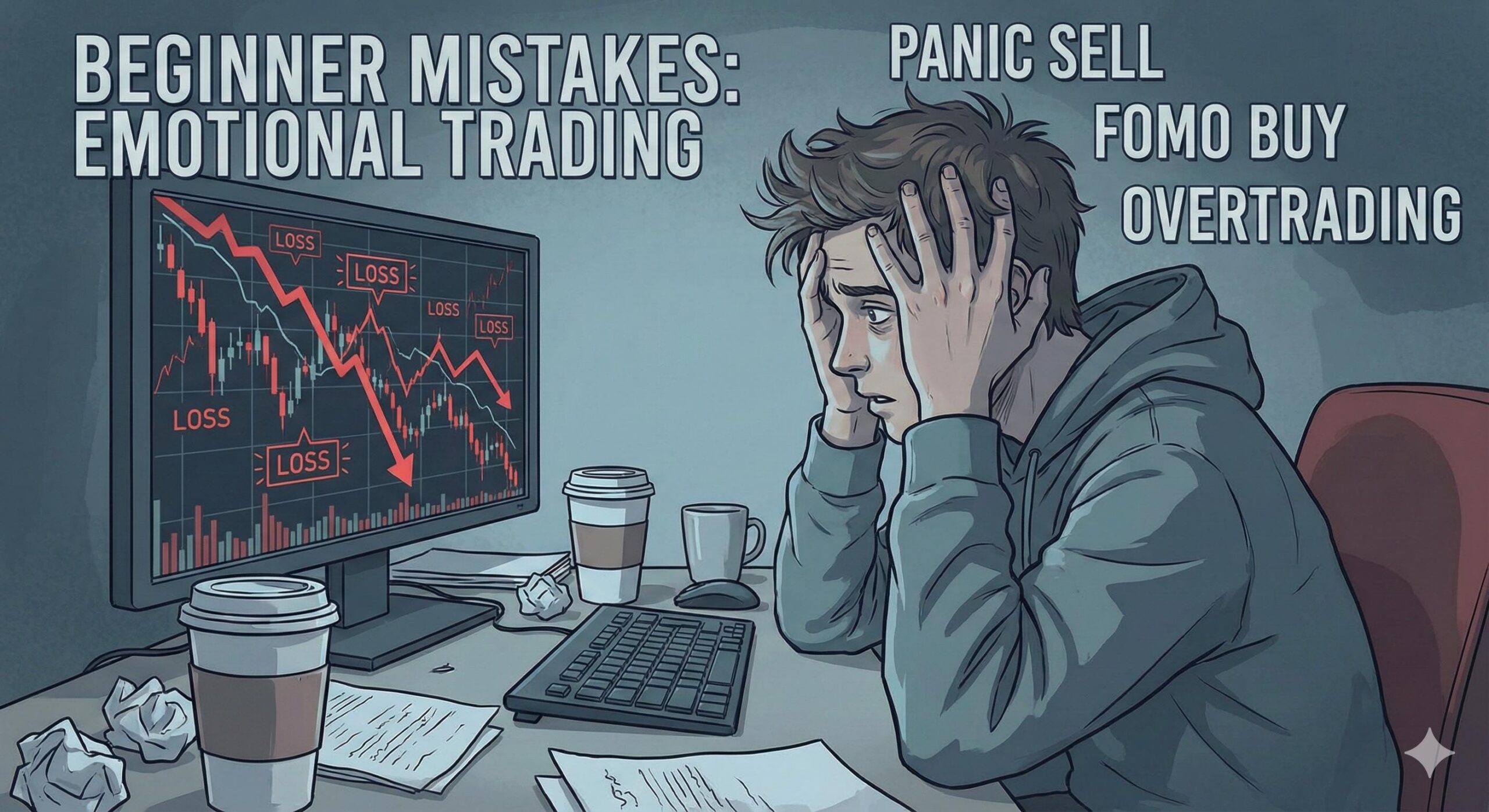 Stressed trader looking at computer screen depicting emotional trading mistakes