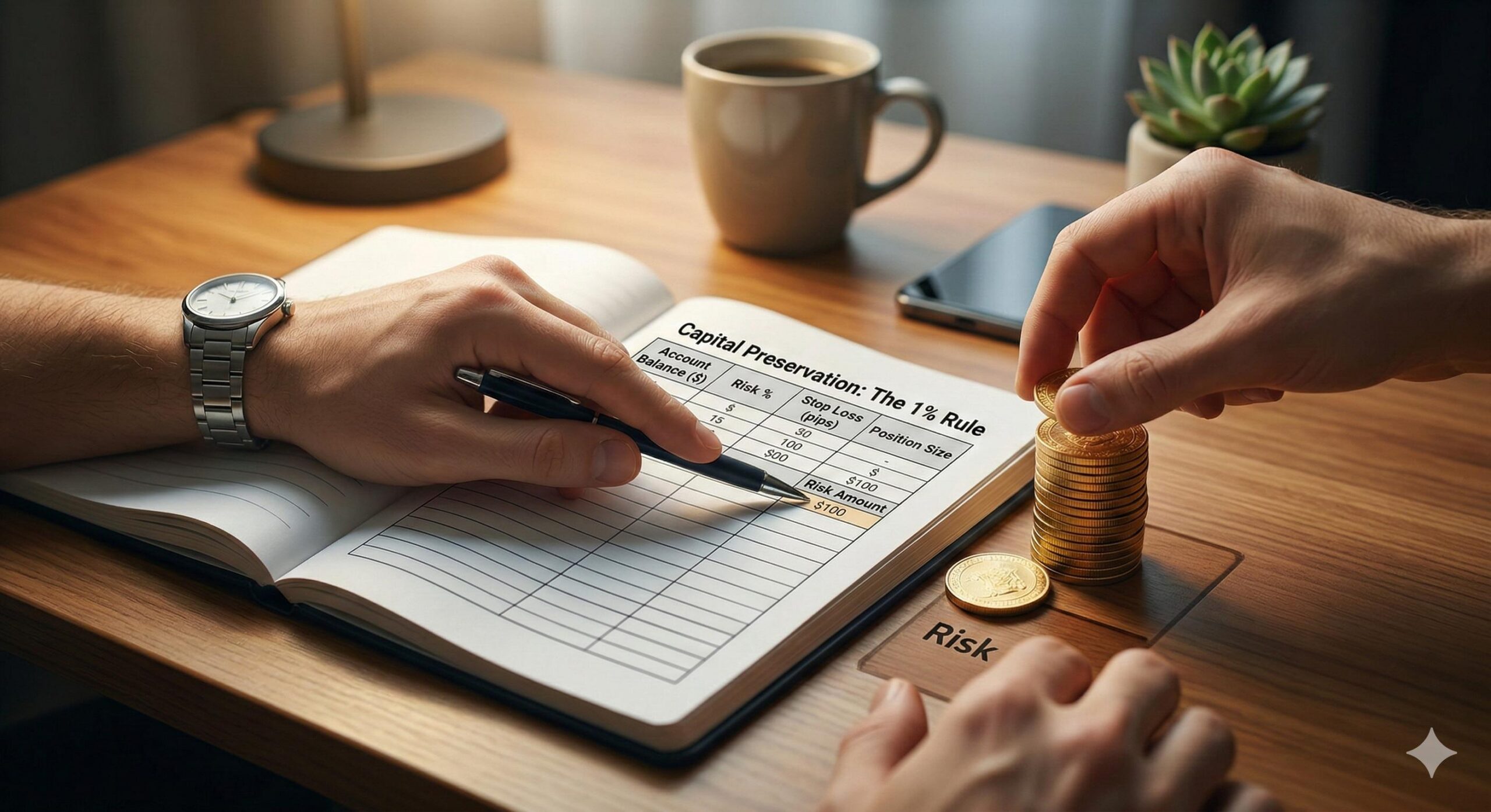 Trader calculating 1% risk management and capital preservation.