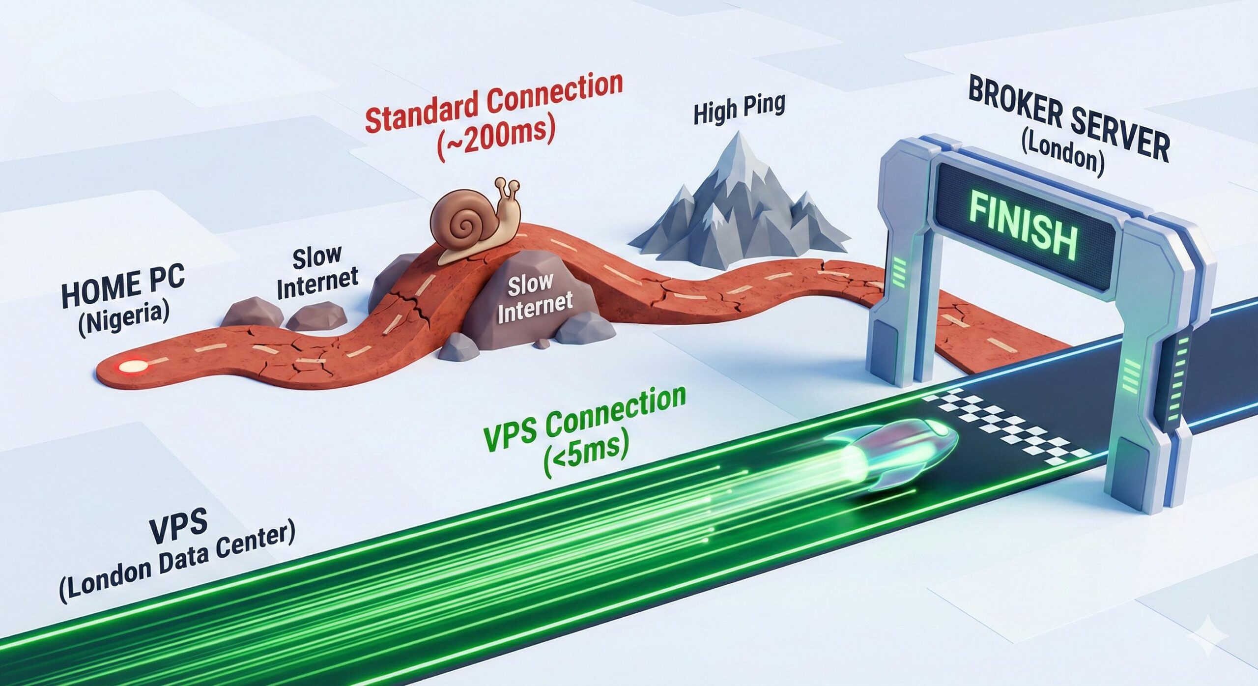 Visual comparison demonstrating high latency from a home connection versus ultra-low latency from a co-located VPS.