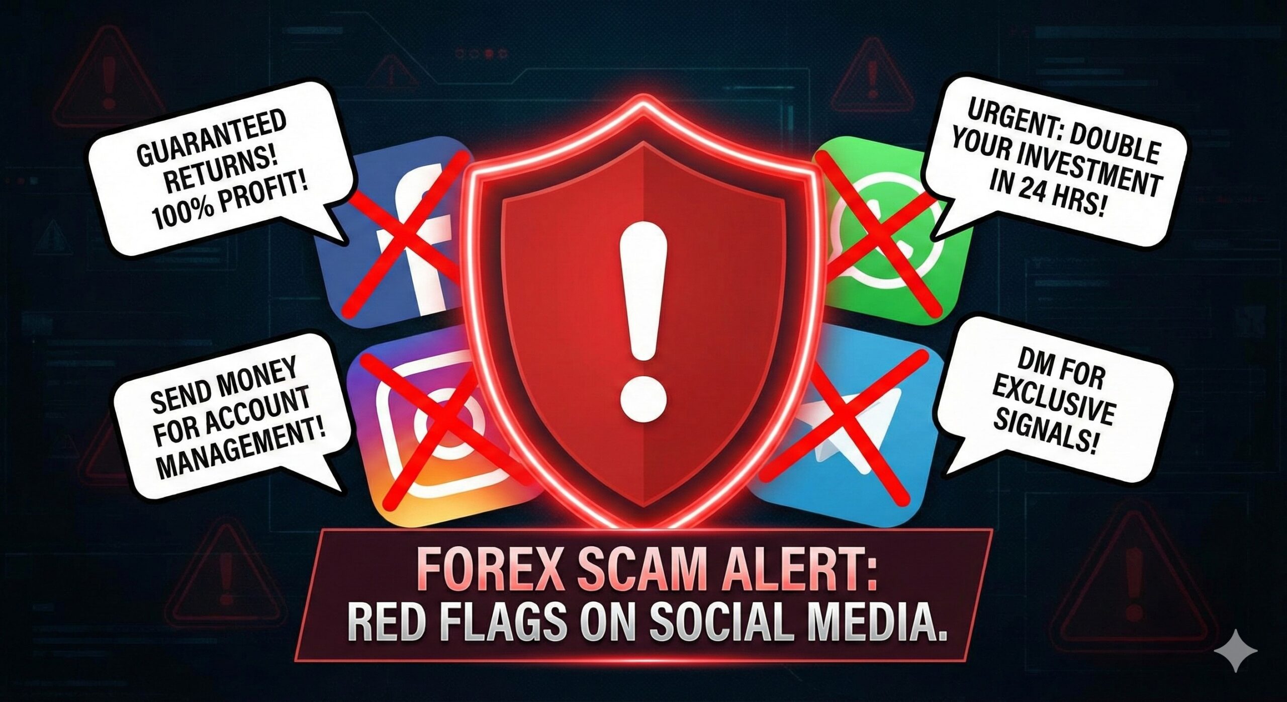 Warning shield icon highlighting common forex scam red flags on social media. 