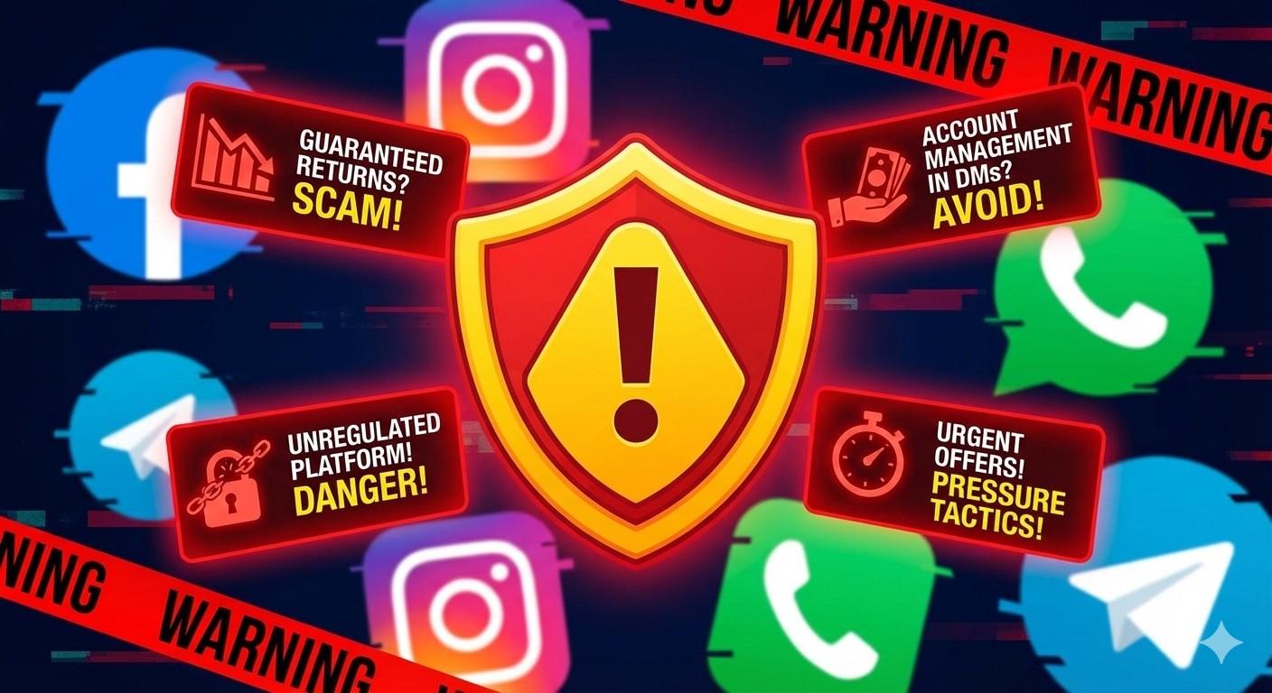 Warning shield icon highlighting common forex scam red flags on social media.
