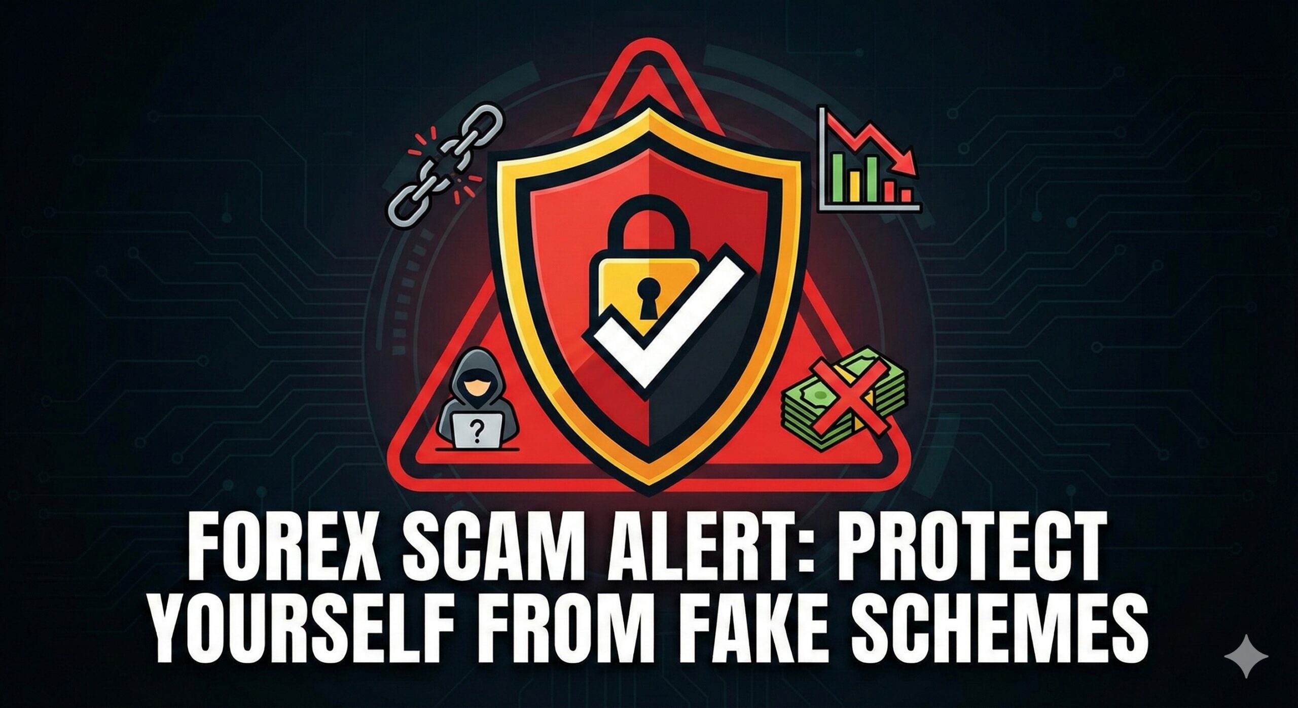 Warning shield icon protecting against fake forex investment schemes and scammers.