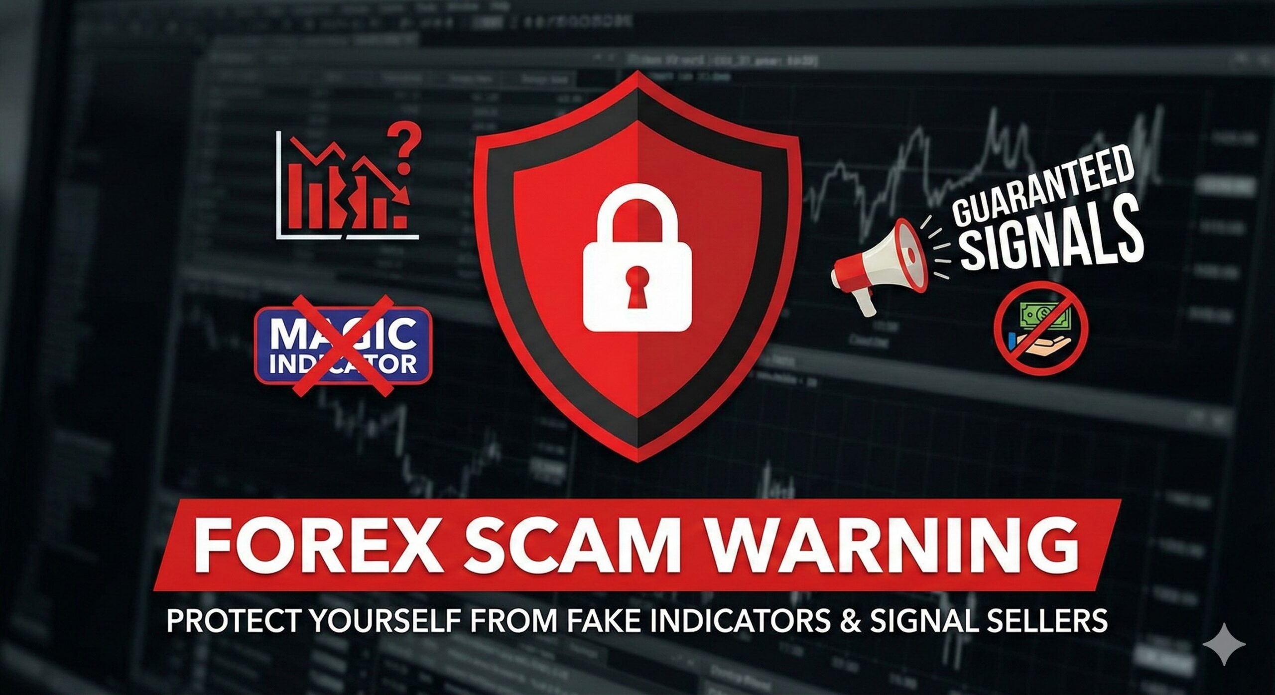 Warning shield icon protecting traders from fake indicator scams and signal sellers.