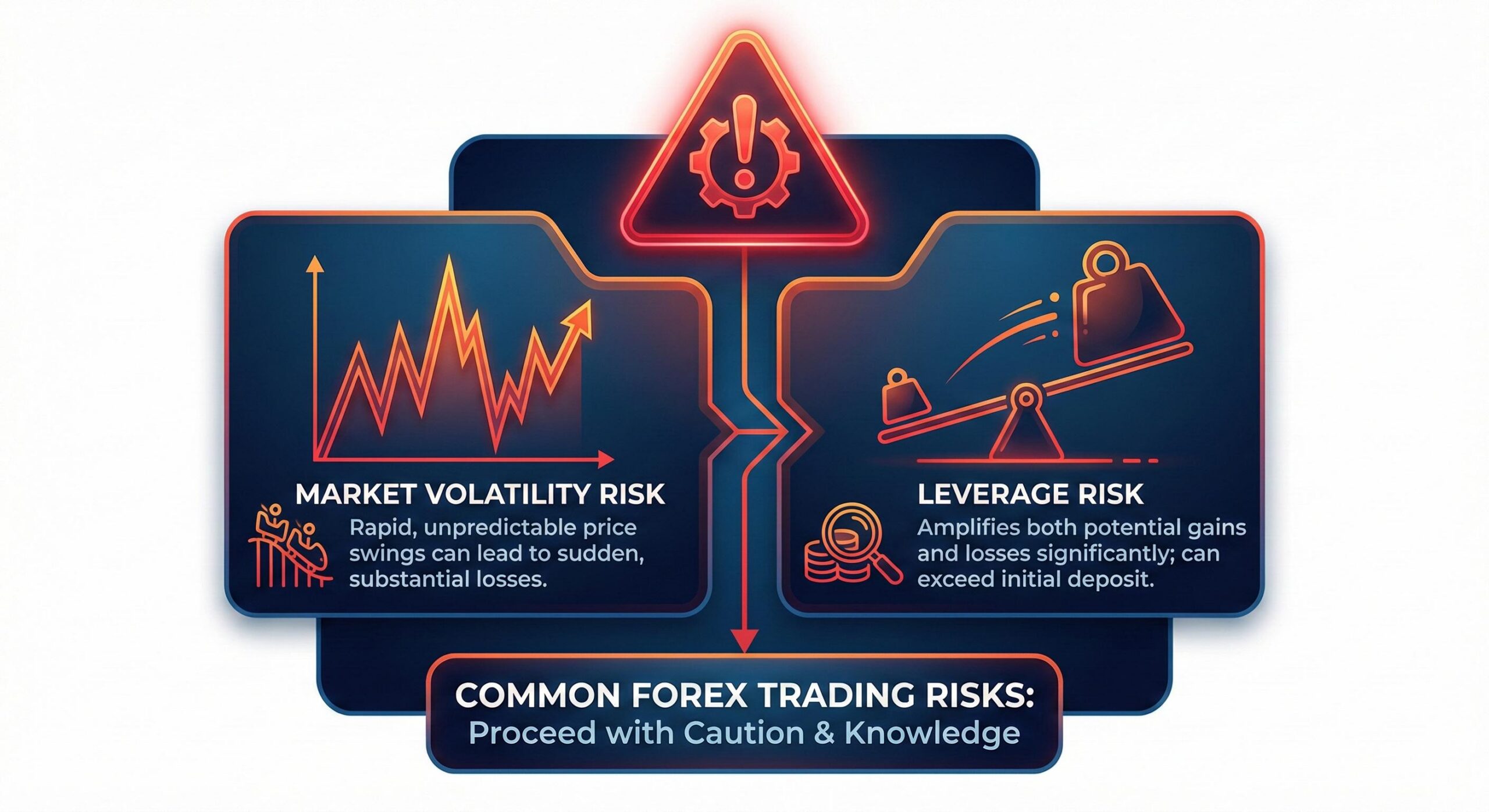 Warning sign graphic showing leverage risk and market volatility in forex