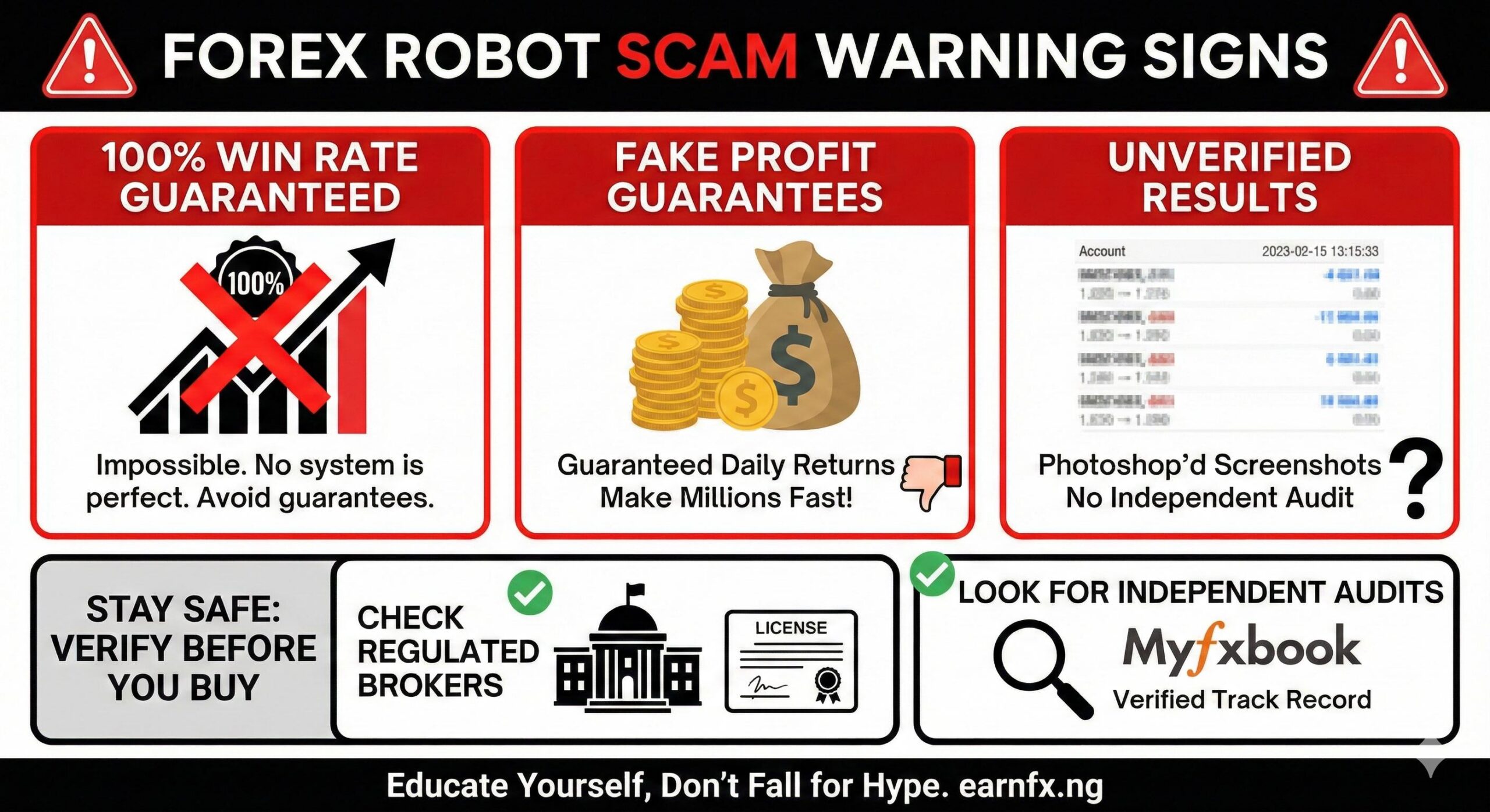 Warning signs of forex robot scams including fake profit guarantees and unverified results