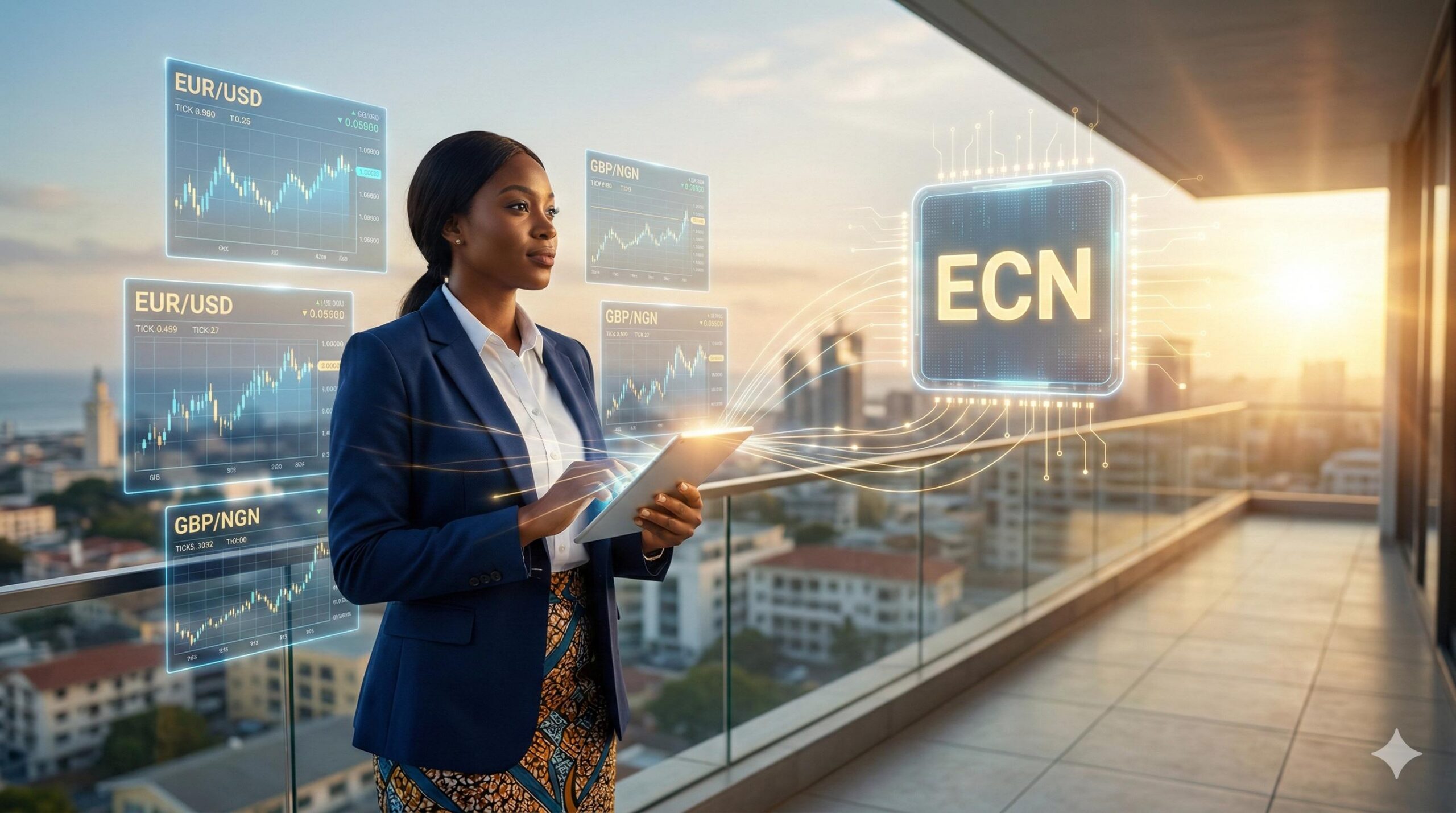 A Nigerian professional viewing a holographic global currency network from a Lagos balcony at sunrise.