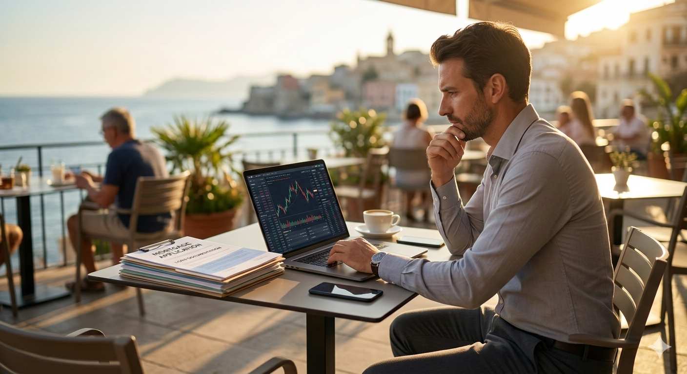 A casual lifestyle trader working on a laptop displaying financial charts at a sun-drenched cafe terrace.