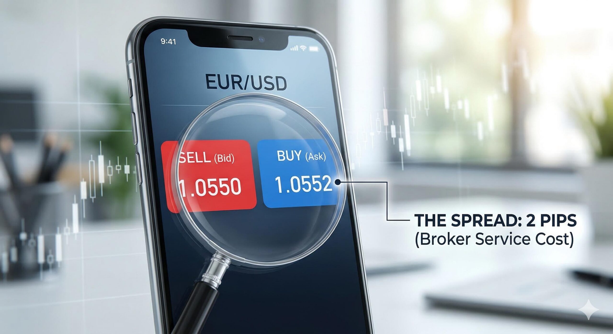 A close-up of a mobile trading app showing the difference between the buy and sell price (the spread).