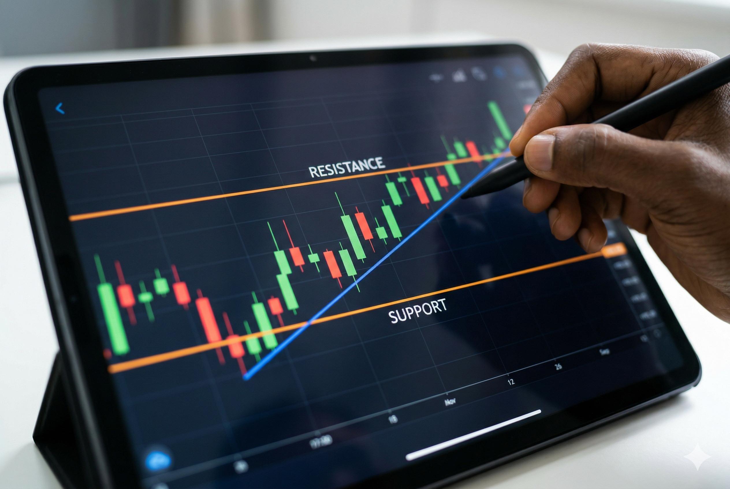 A close-up of a tablet displaying Japanese candlesticks, support, resistance, and trendlines.