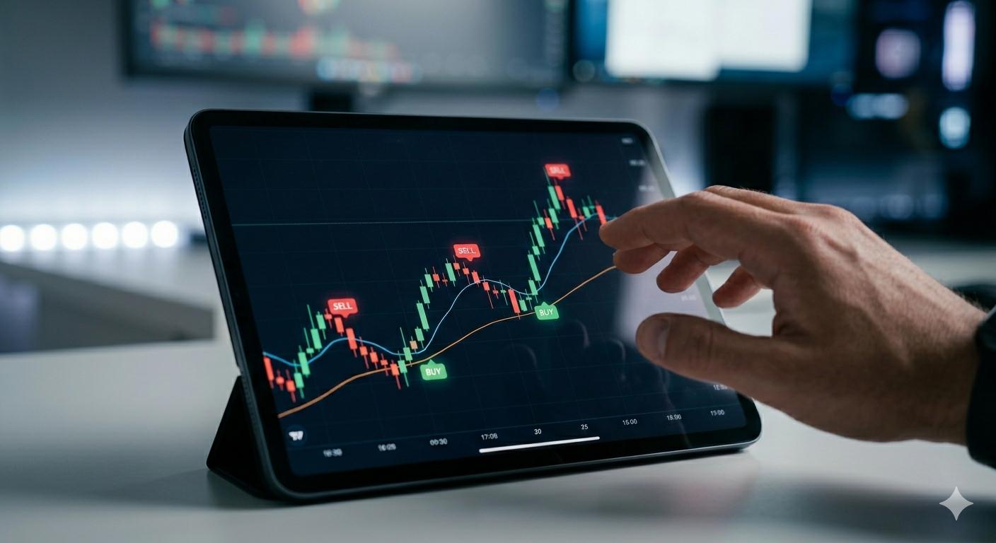 A close-up view of a tablet displaying automated forex trading charts with 'buy' and 'sell' signals.