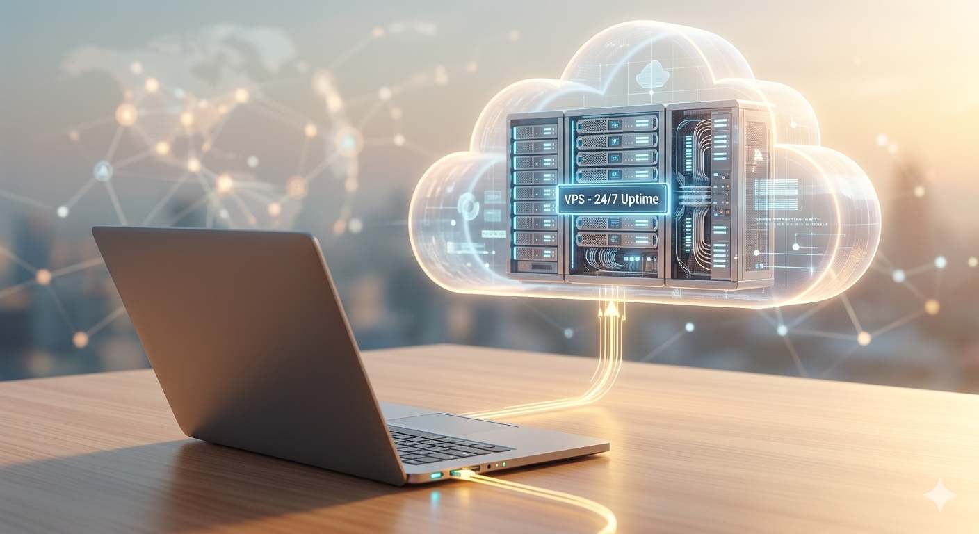 A conceptual illustration showing a laptop connected to a stable VPS cloud server for uninterrupted automated trading.